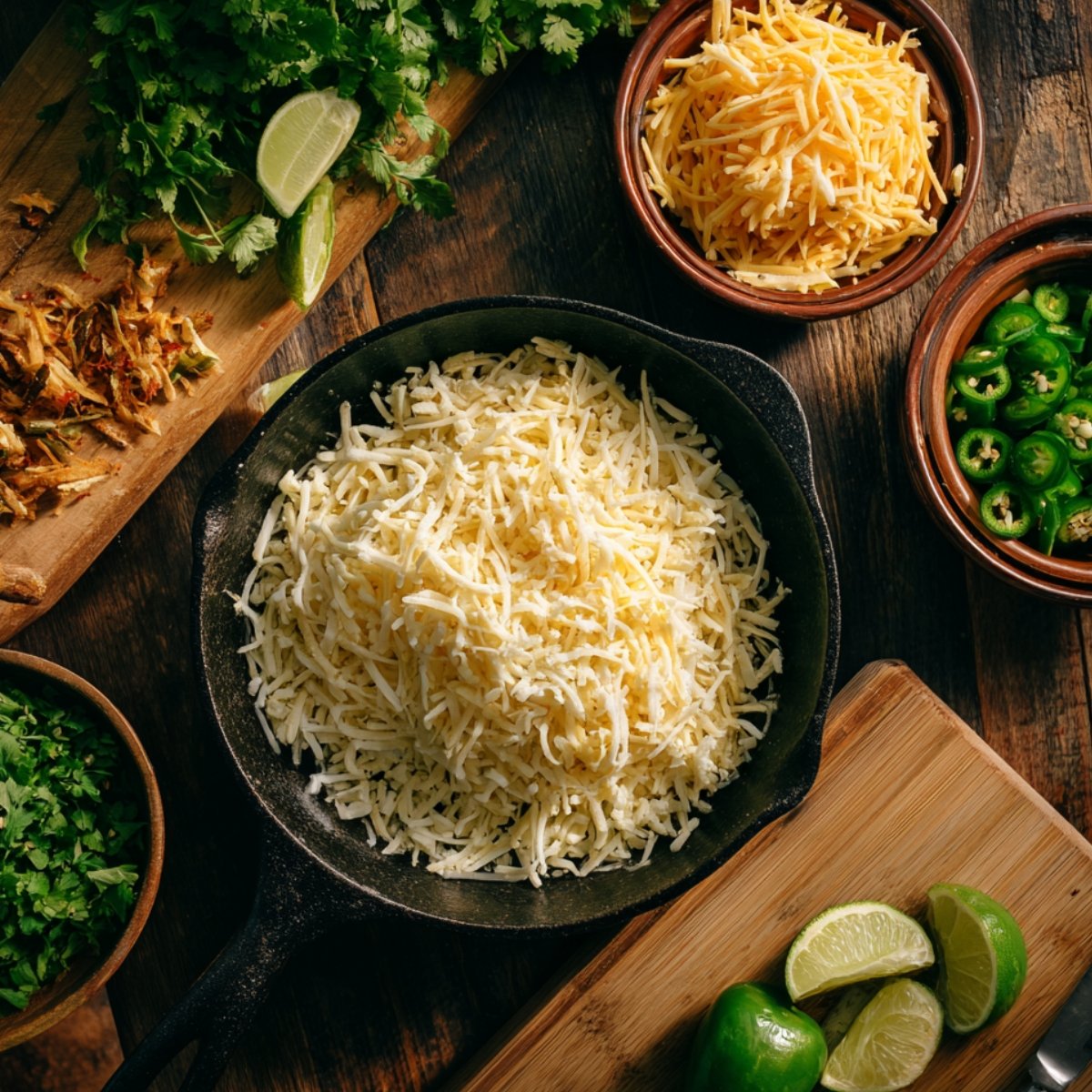 "Top view of shredded cheese in a cast iron skillet surrounded by bowls of jalapeños, shredded cheddar, lime wedges, fresh cilantro, and seasonings on a wooden table."