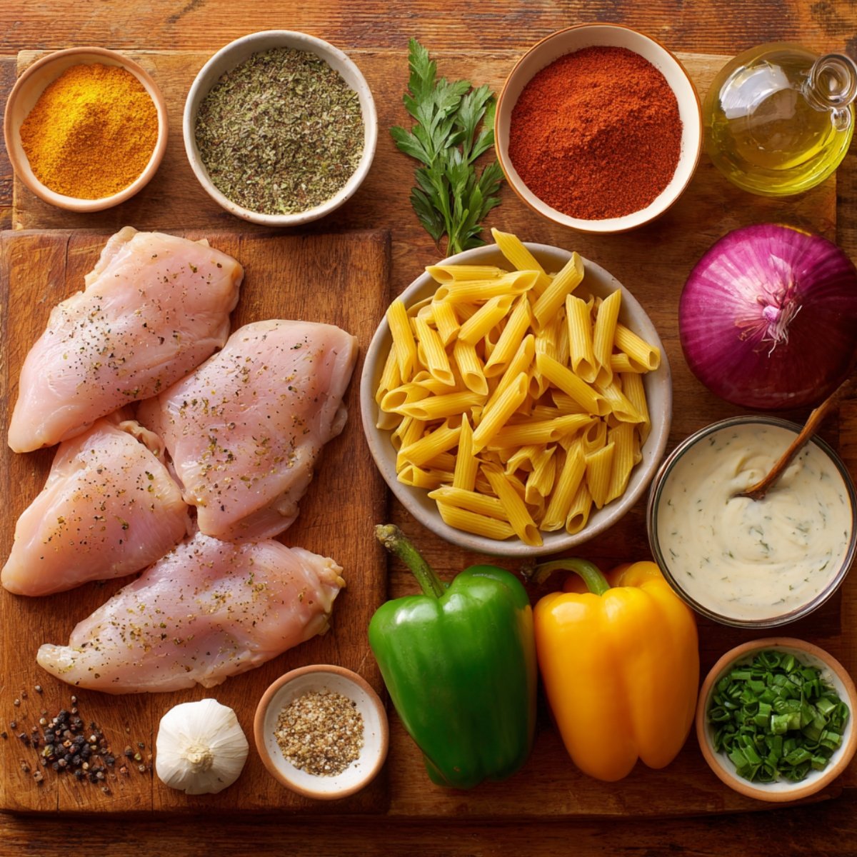 "Raw chicken breasts on a wooden board with dry spices, garlic, onion, bell peppers, penne pasta, fresh herbs, olive oil, and a bowl of creamy sauce arranged neatly."