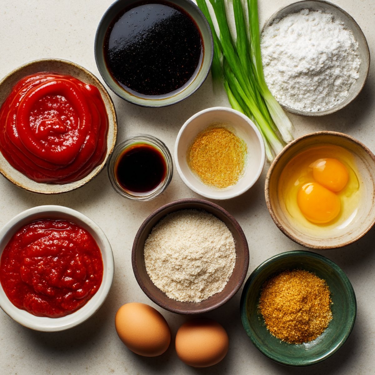 Various ingredients for making chicken lollipops including ketchup, soy sauce, flour, eggs, and seasonings like garlic powder and sugar.