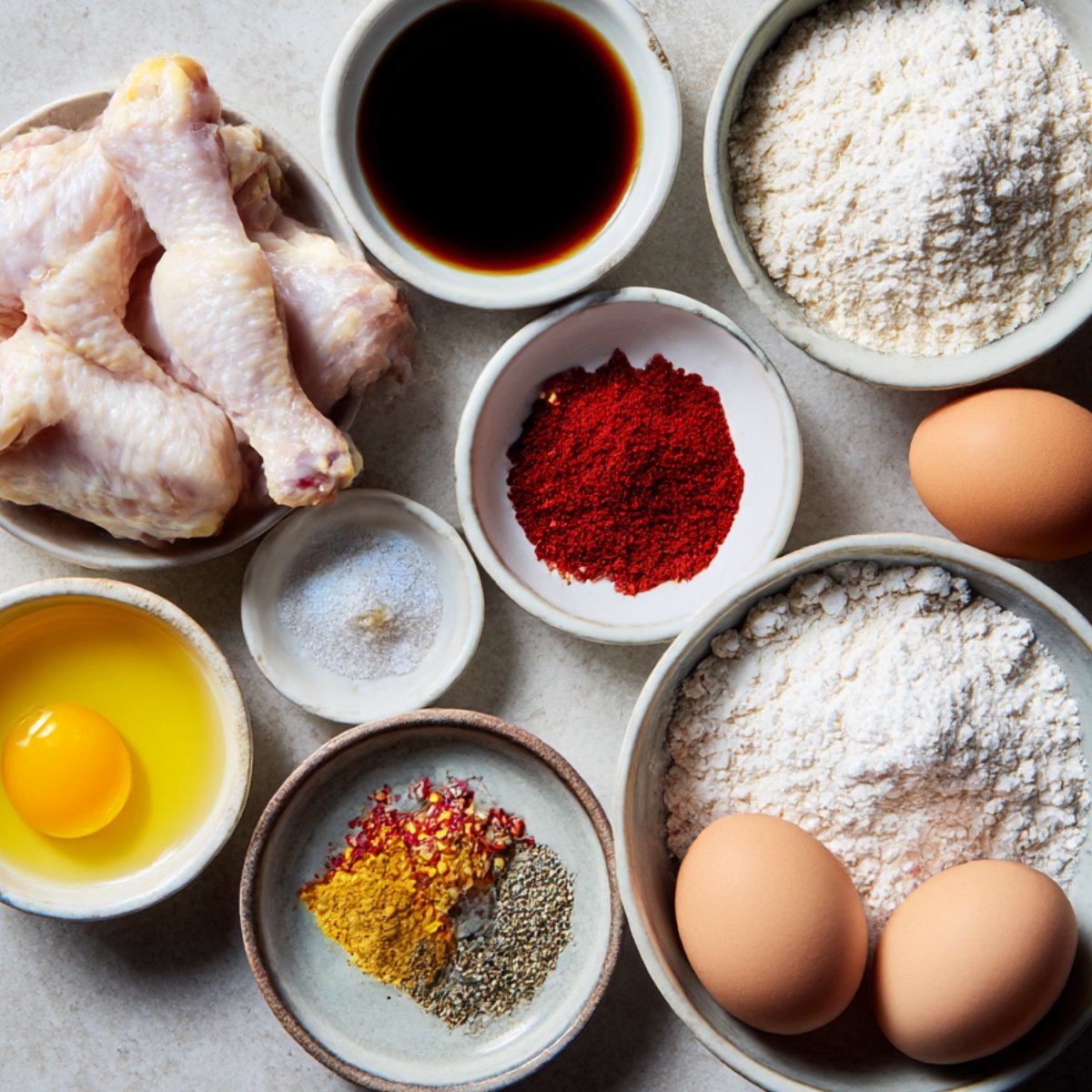 Raw chicken drumsticks placed on a countertop next to various ingredients like eggs, flour, soy sauce, and spices for preparing chicken lollipops.