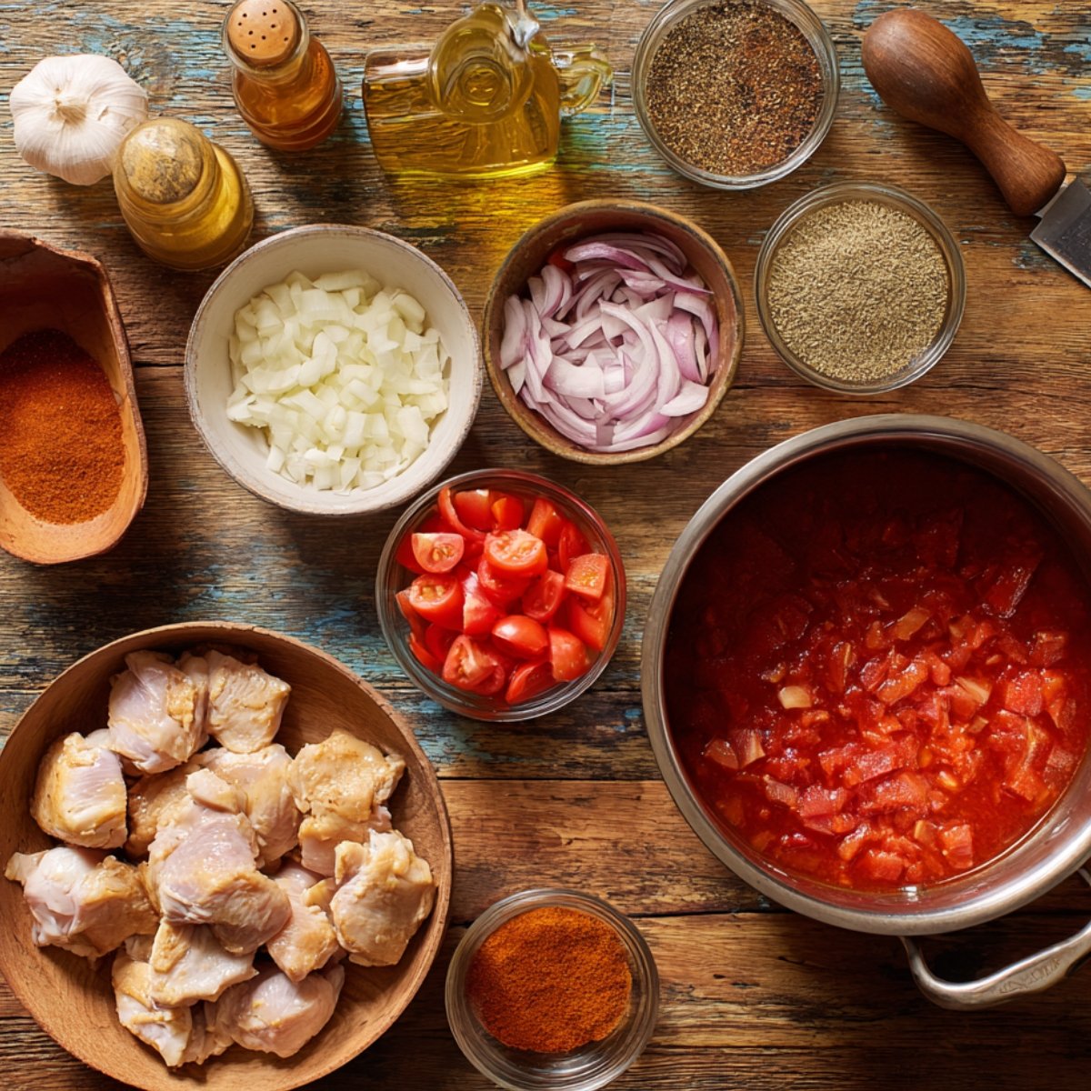 Ingredients for a chicken dish on a rustic wooden surface: raw diced chicken, chopped onions and red onions, diced tomatoes, minced garlic, cooking oil, and small bowls of assorted spices.