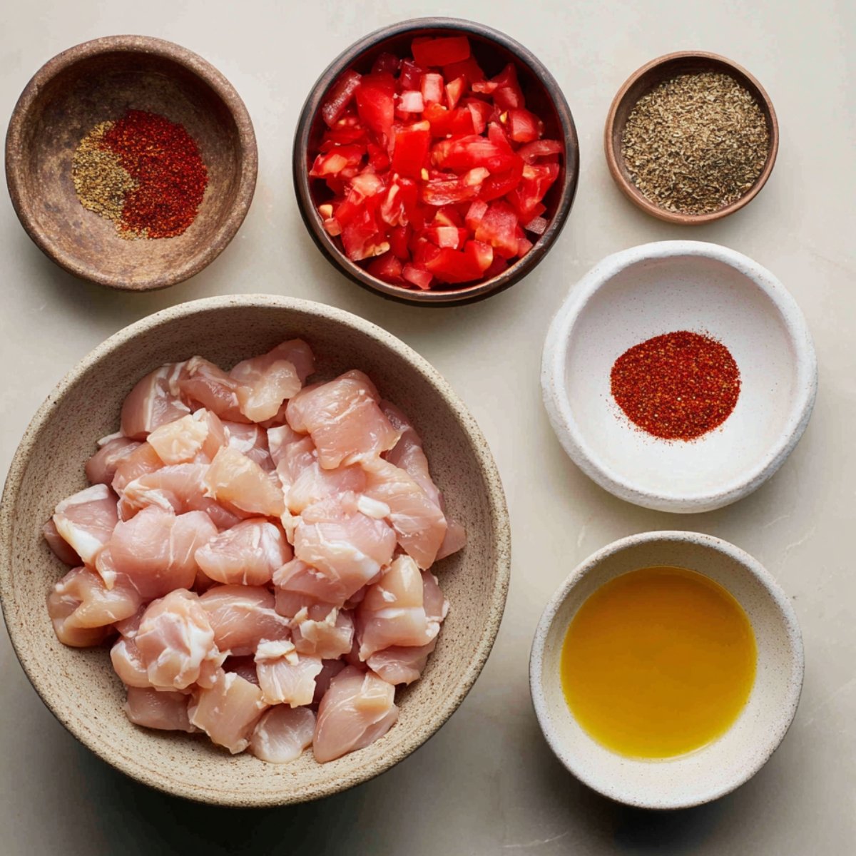 Raw diced chicken in a bowl, surrounded by small bowls containing chopped tomatoes, oil, red chili powder, salt, and dried herbs, arranged neatly on a countertop.