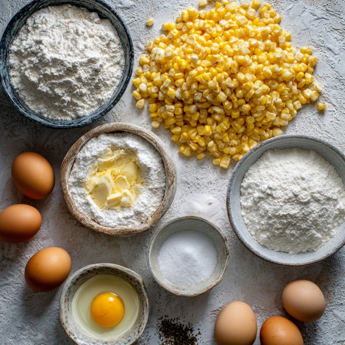 A flat-lay of measured ingredients: eggs, flour, butter, sugar, salt, pepper, and a pile of corn kernels arranged in small bowls on a textured surface.
