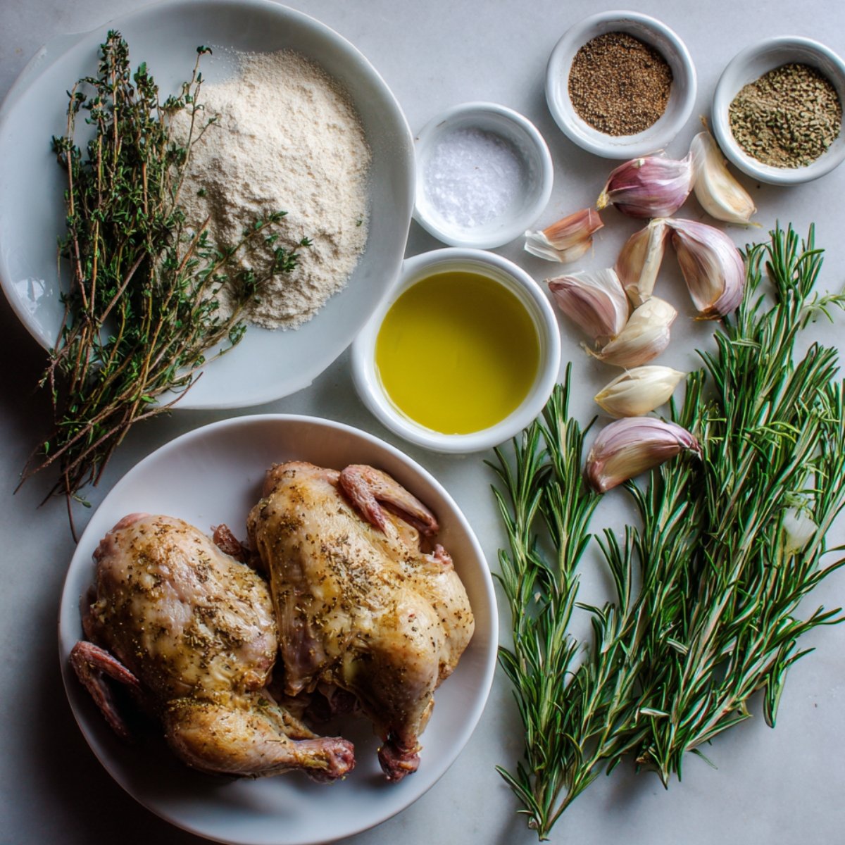 Cornish hen recipe baked ingredients including garlic, rosemary, flour, olive oil, and herbs.