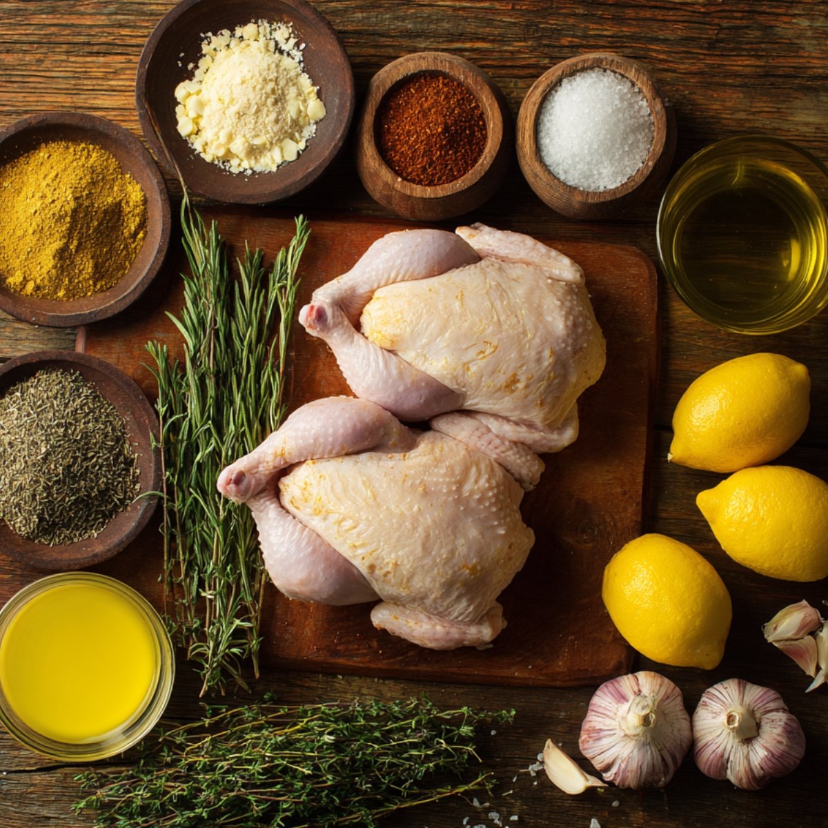 Cornish hen recipe baked with fresh lemons, garlic, rosemary, olive oil, and spices ready for cooking.