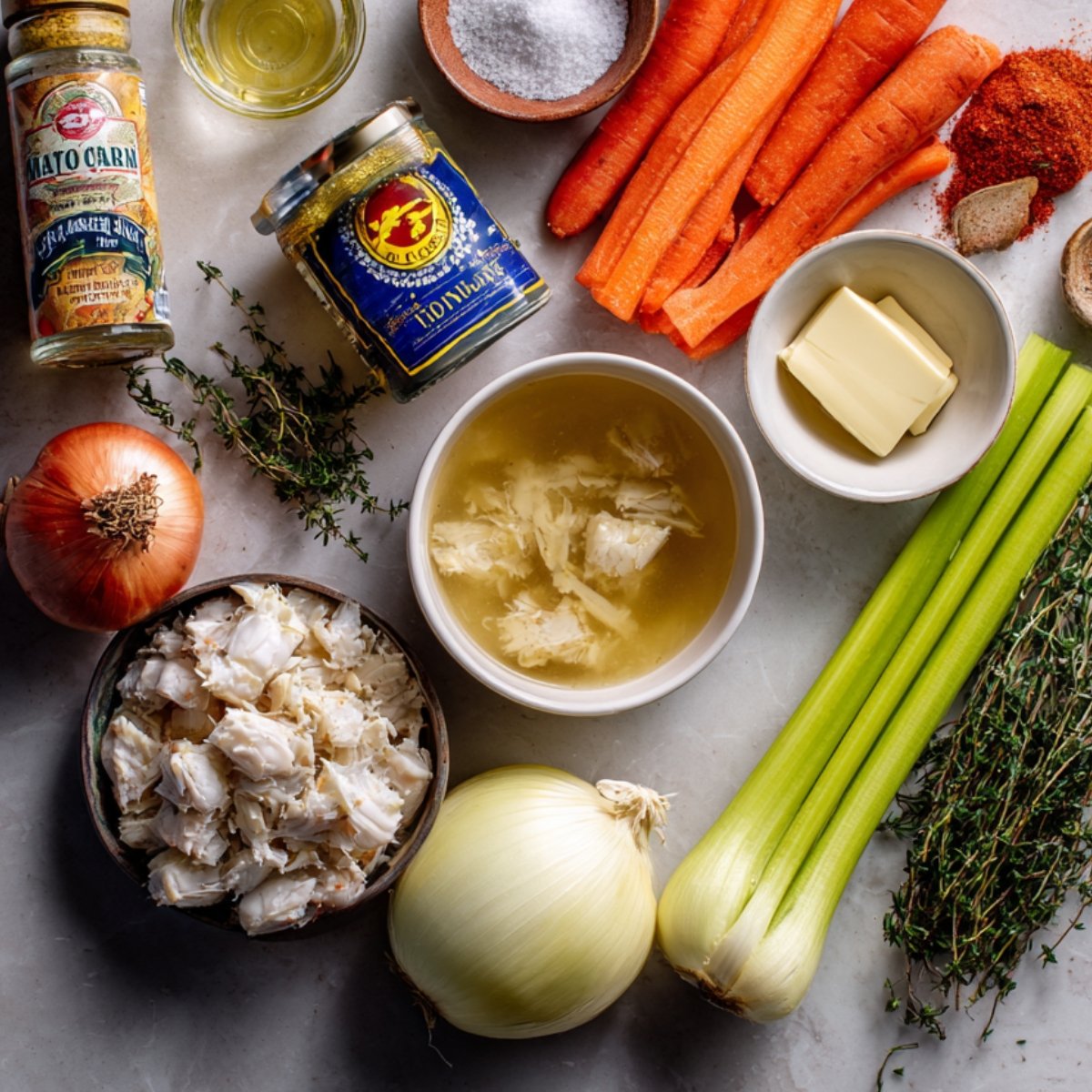 Top-down view of fresh crab soup ingredients laid out, including carrots, celery, onions, lump crab meat, broth, butter, and Old Bay seasoning.