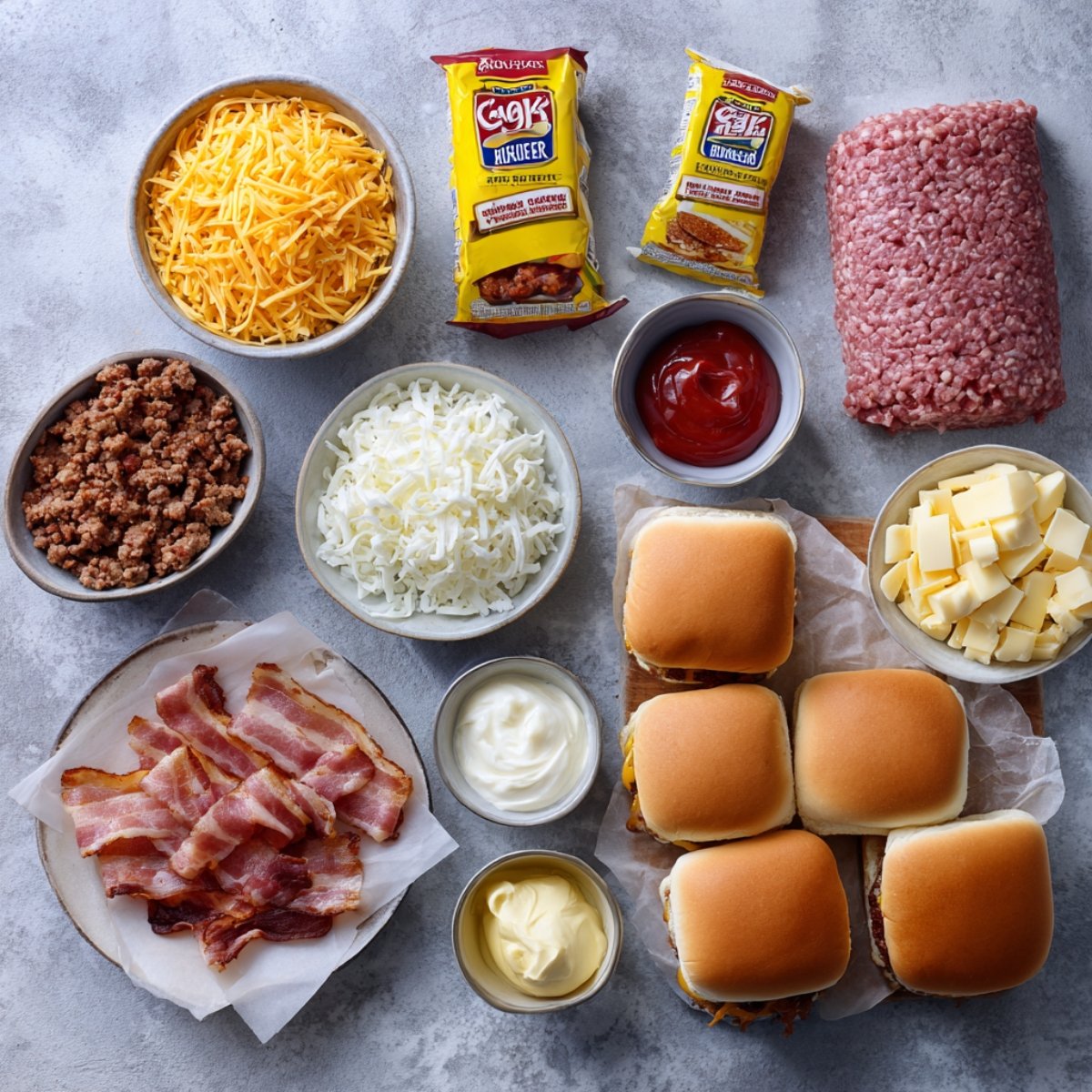 "Flat lay of burger ingredients including shredded cheddar and mozzarella, cooked bacon, ground beef, cheese cubes, condiments, and buns."