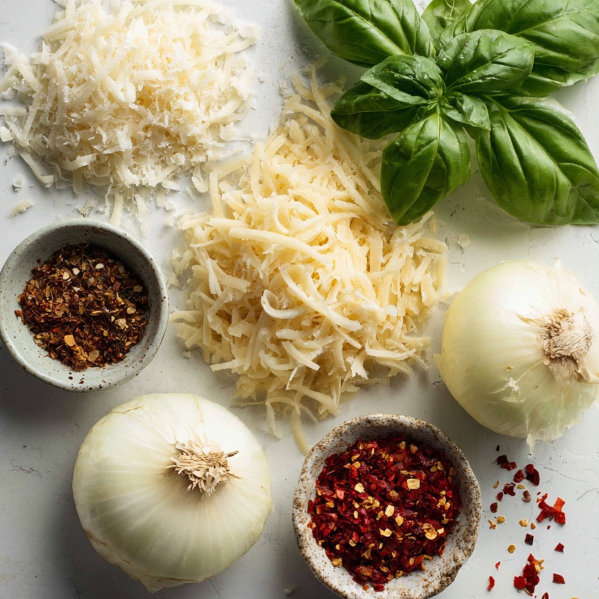 Ingredients on a flat surface: shredded cheese, onions, basil, garlic, red pepper flakes, and seasonings.