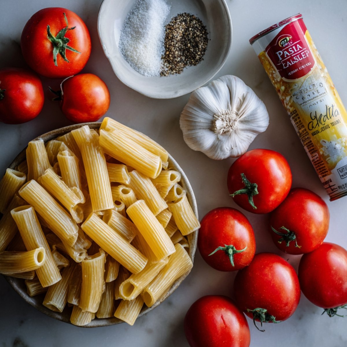 Uncooked rigatoni pasta with fresh tomatoes, garlic, salt, pepper, and a can of tomato paste.