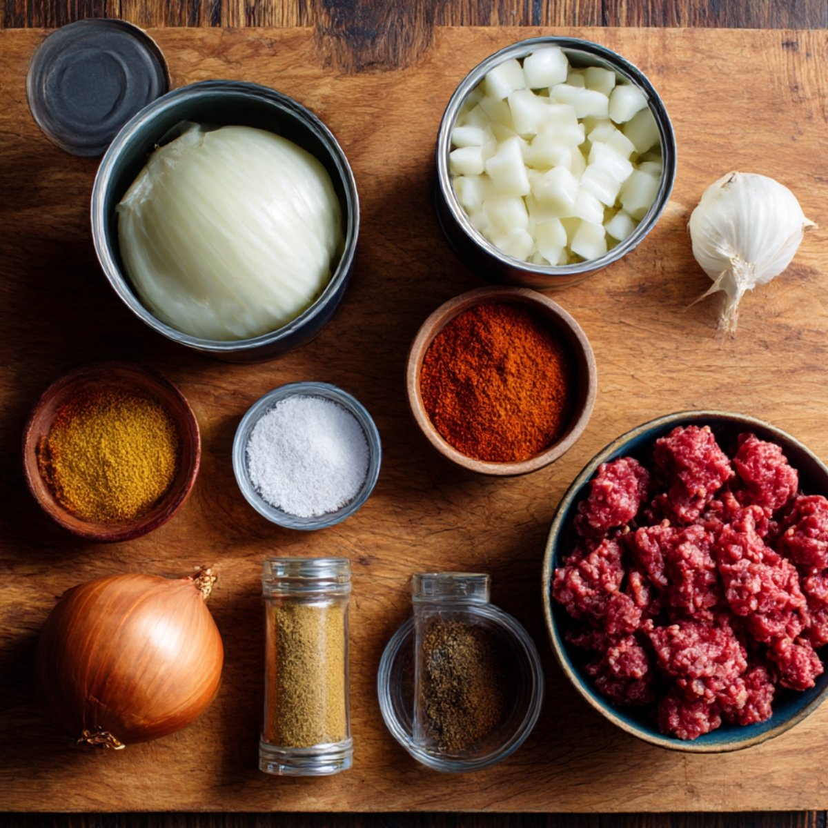 A wooden cutting board with chili ingredients including ground beef, diced onions, garlic, various spices like paprika, cumin, and salt, ready for preparation.