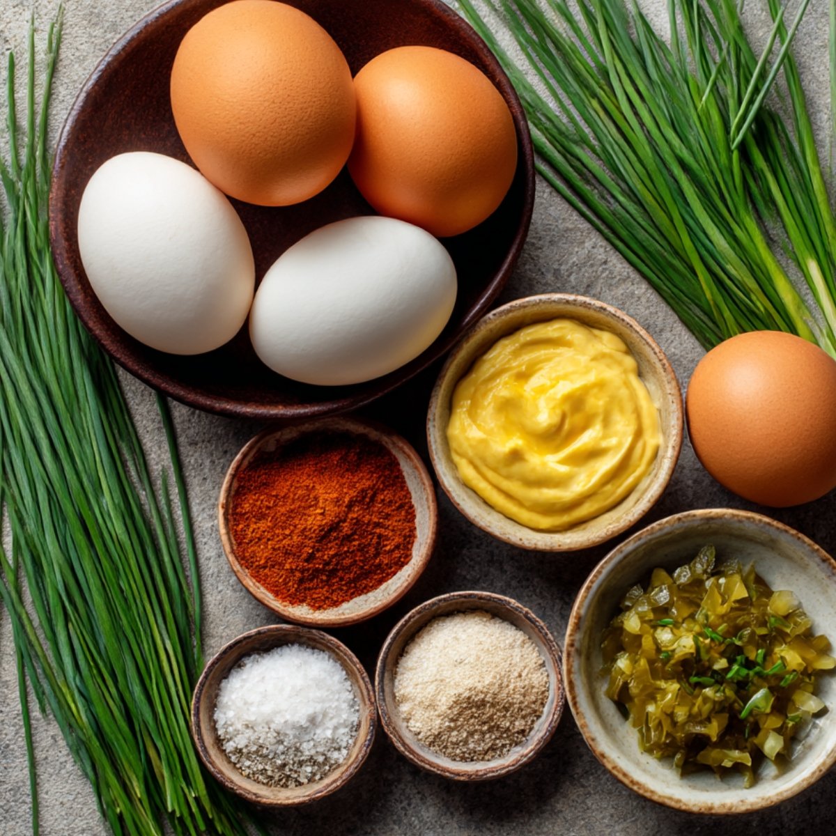 Ingredients for deviled eggs arranged neatly: whole eggs, mayonnaise, paprika, salt, breadcrumbs, chopped pickles, and fresh chives.