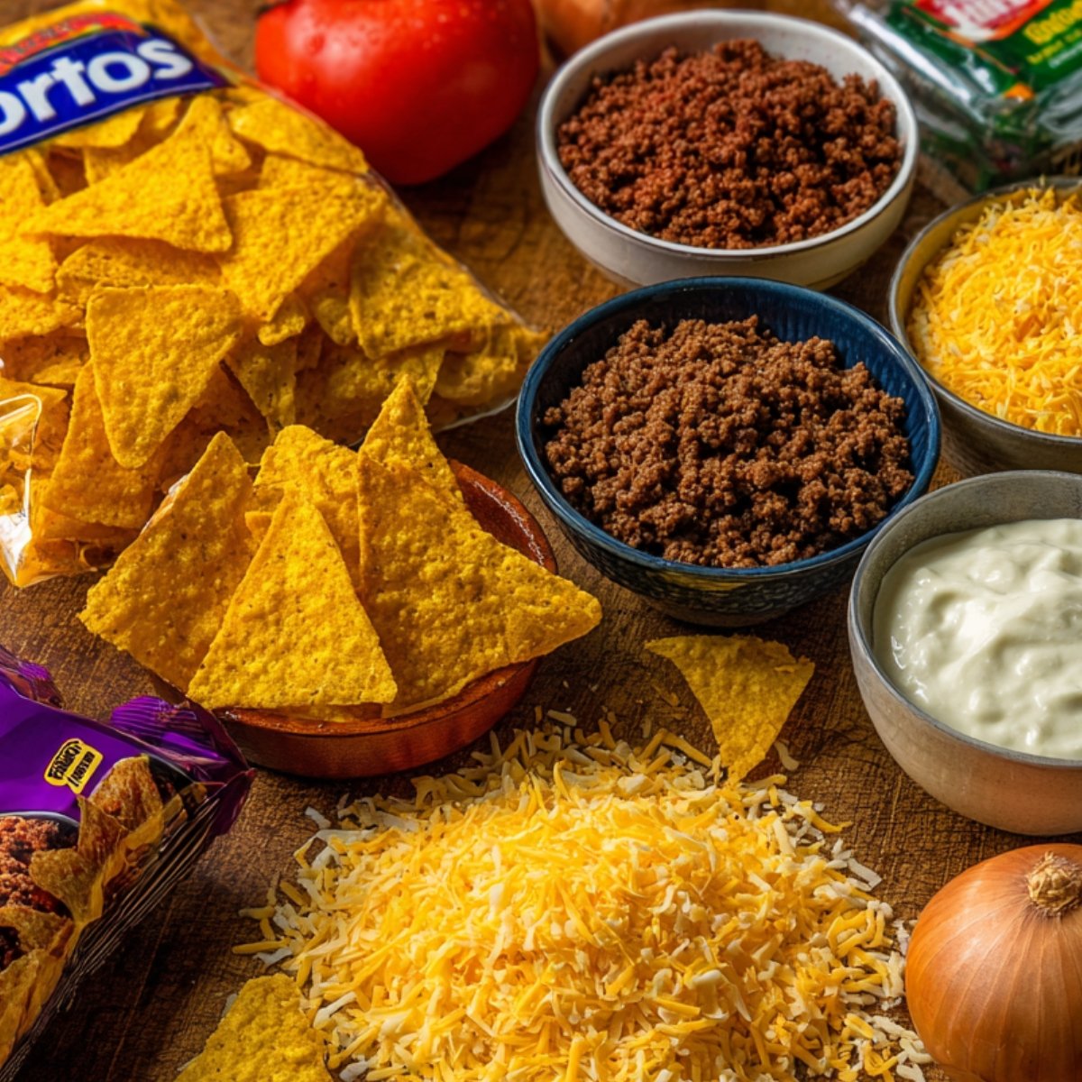 Overhead shot of ingredients for Dorito casserole including ground beef, shredded cheese, Doritos chips, sour cream, tomato, and onion.
