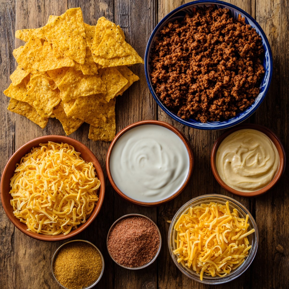 Bowls of ground beef, taco seasoning, shredded cheese, sour cream, and nacho cheese sauce with Doritos chips on the side.