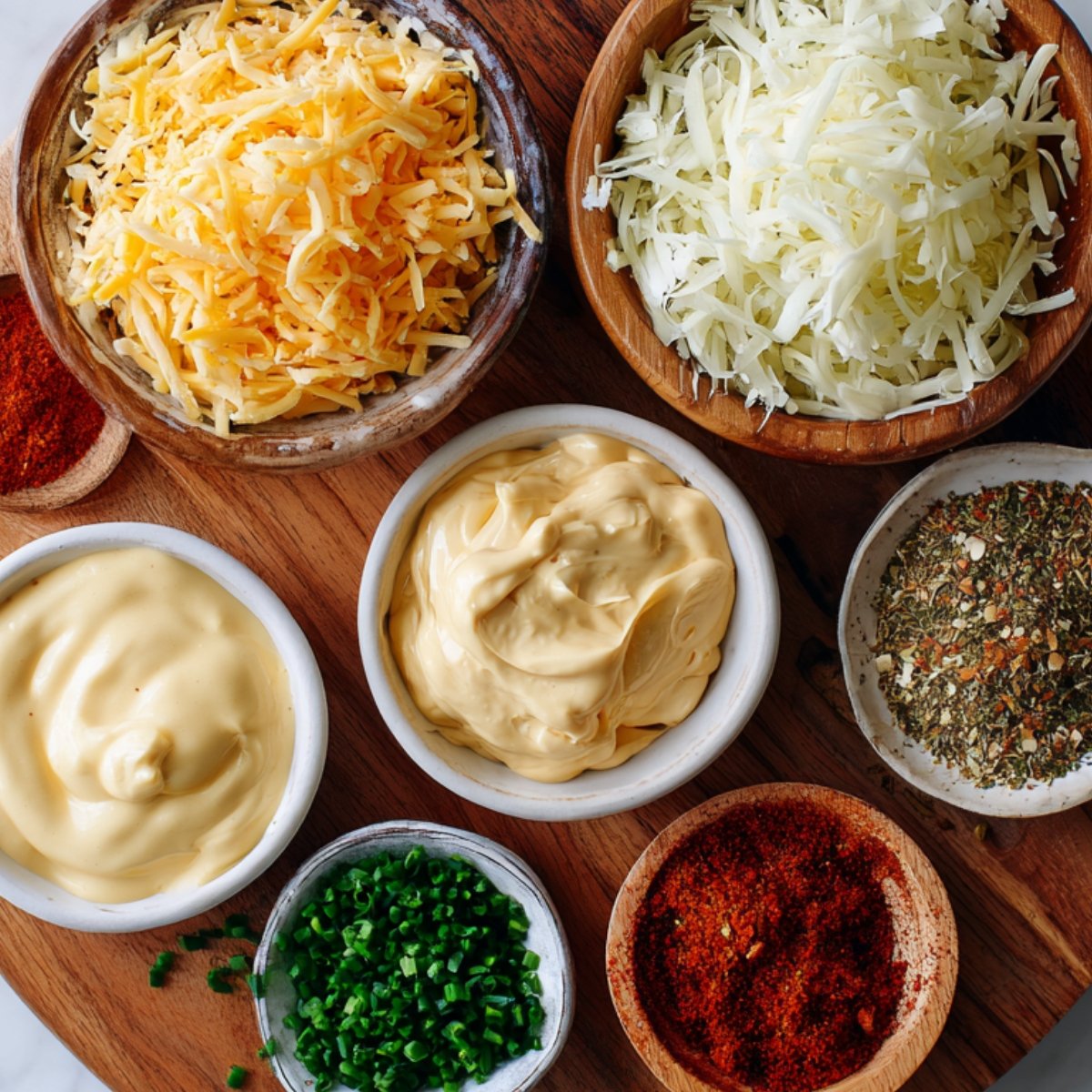 Assorted ingredients in bowls for casserole, including shredded cheese, mayonnaise, spices, and chopped chives arranged on a wooden board.