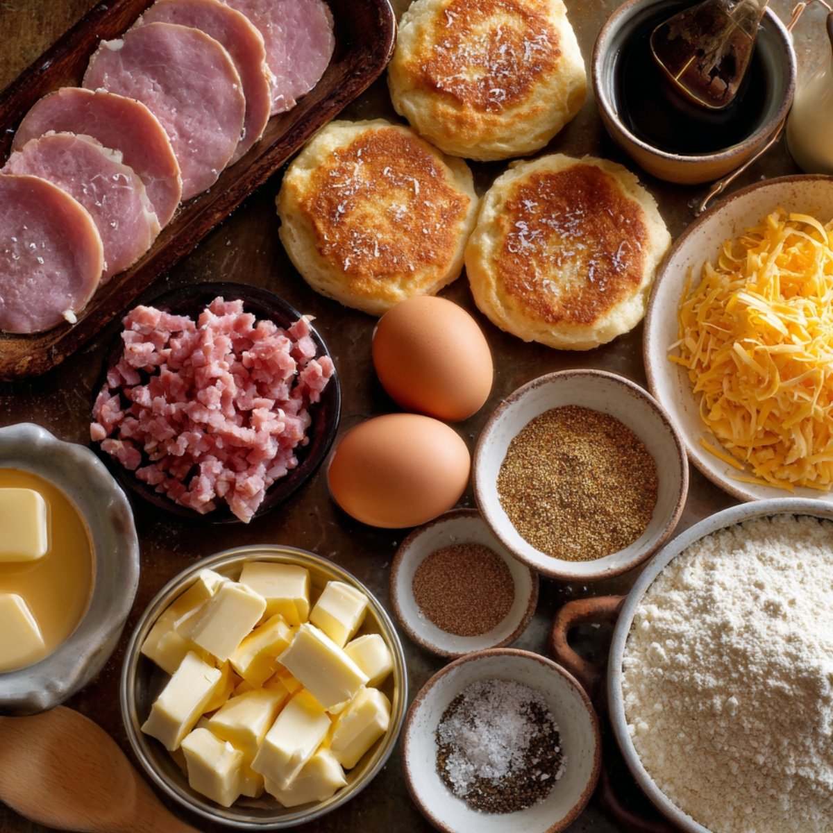 Fresh ingredients for eggs benedict casserole including butter, eggs, ham slices, shredded cheese, English muffins, flour, and spices.