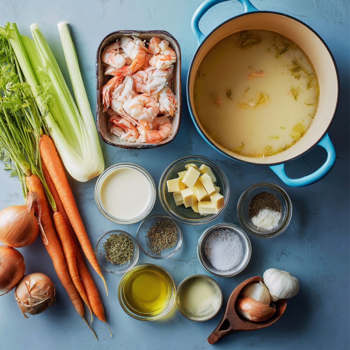 A selection of fish soup ingredients on a blue surface, including shrimp, butter, carrots, celery, onions, garlic, spices, cream, and olive oil next to a blue pot of broth.
