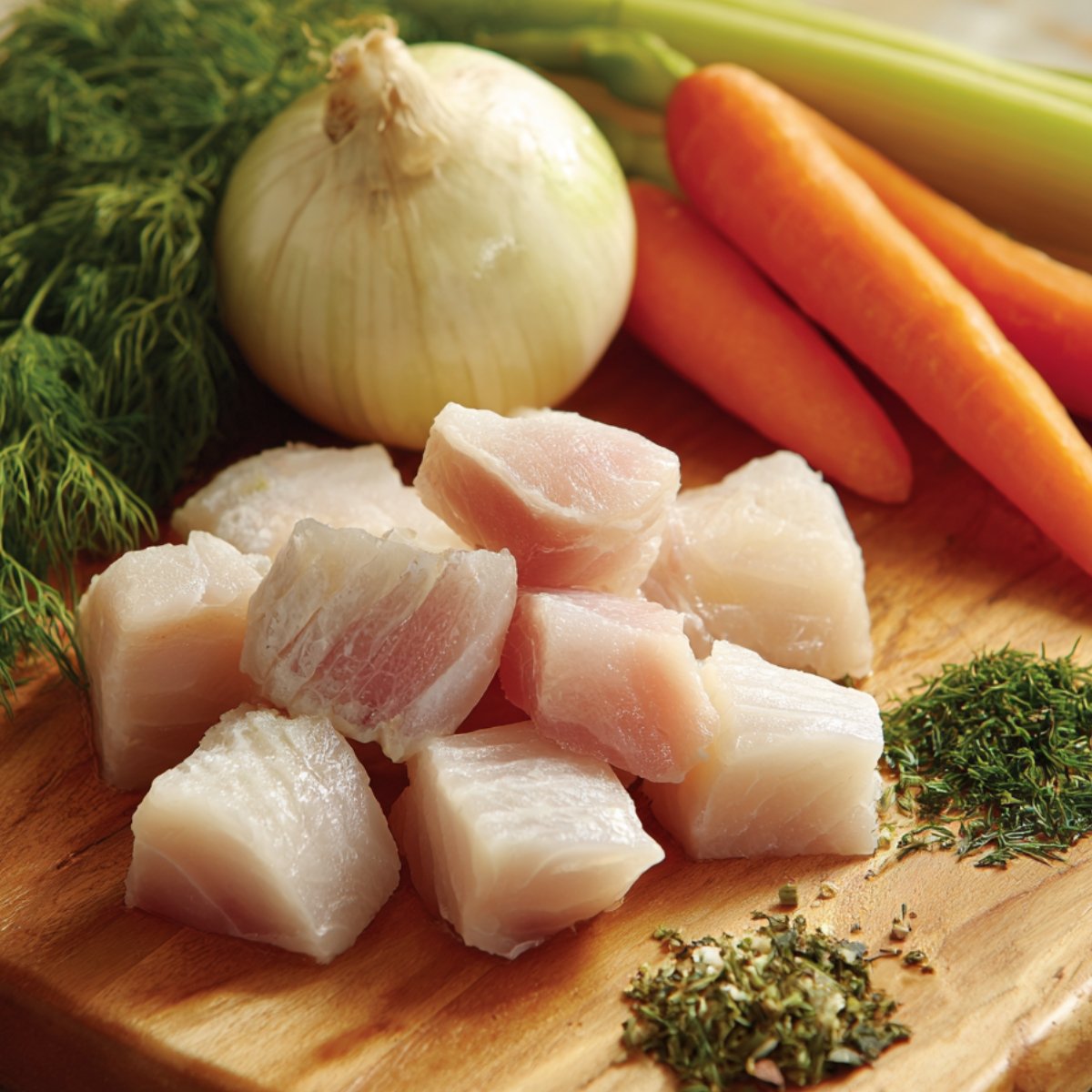 Raw chunks of white fish on a cutting board with fresh carrots, celery, onion, and herbs ready for making fish soup.