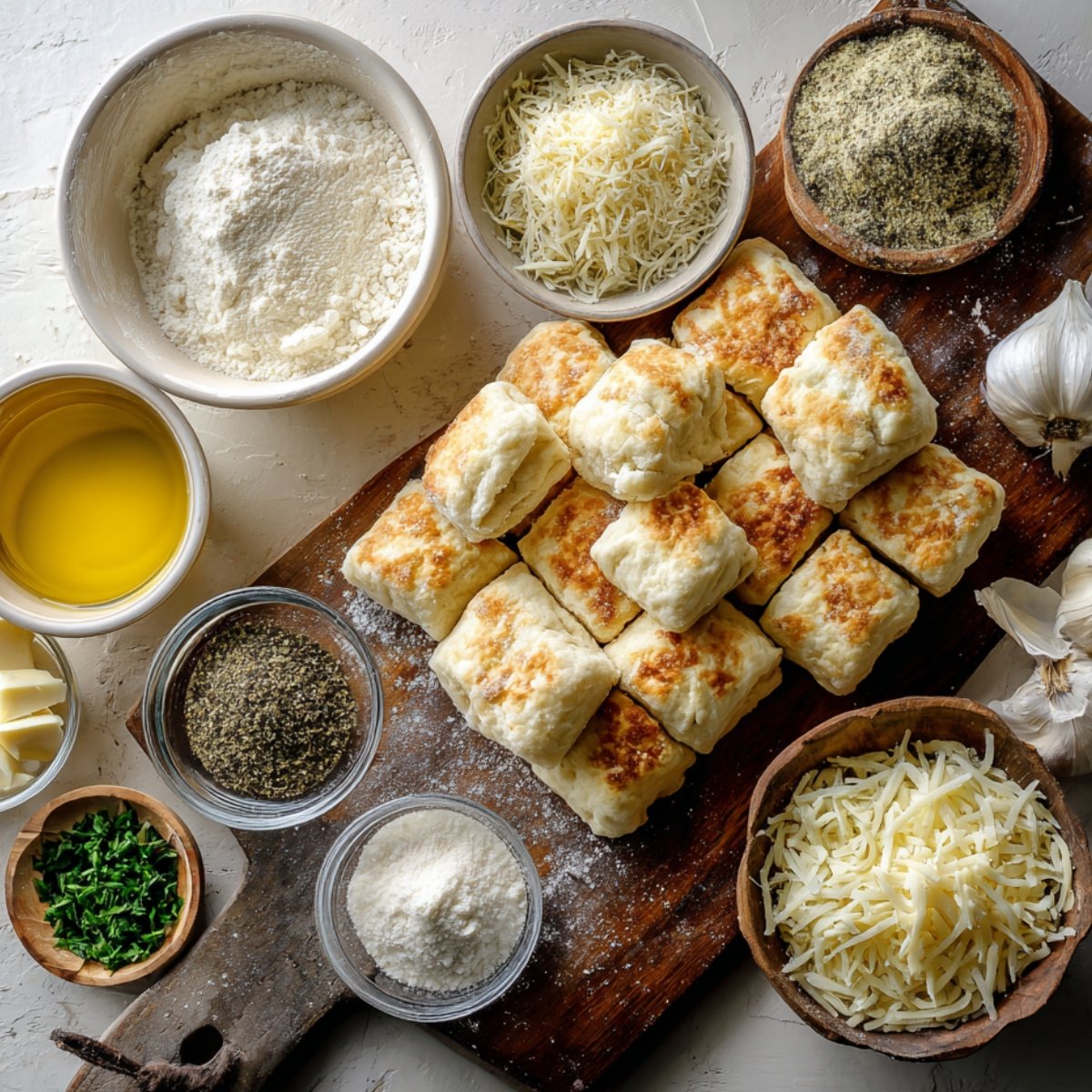 Flat lay of ingredients for cheeseburger bombs, including biscuit dough squares, shredded cheeses, garlic, olive oil, flour, herbs, and seasonings arranged on a wooden board.