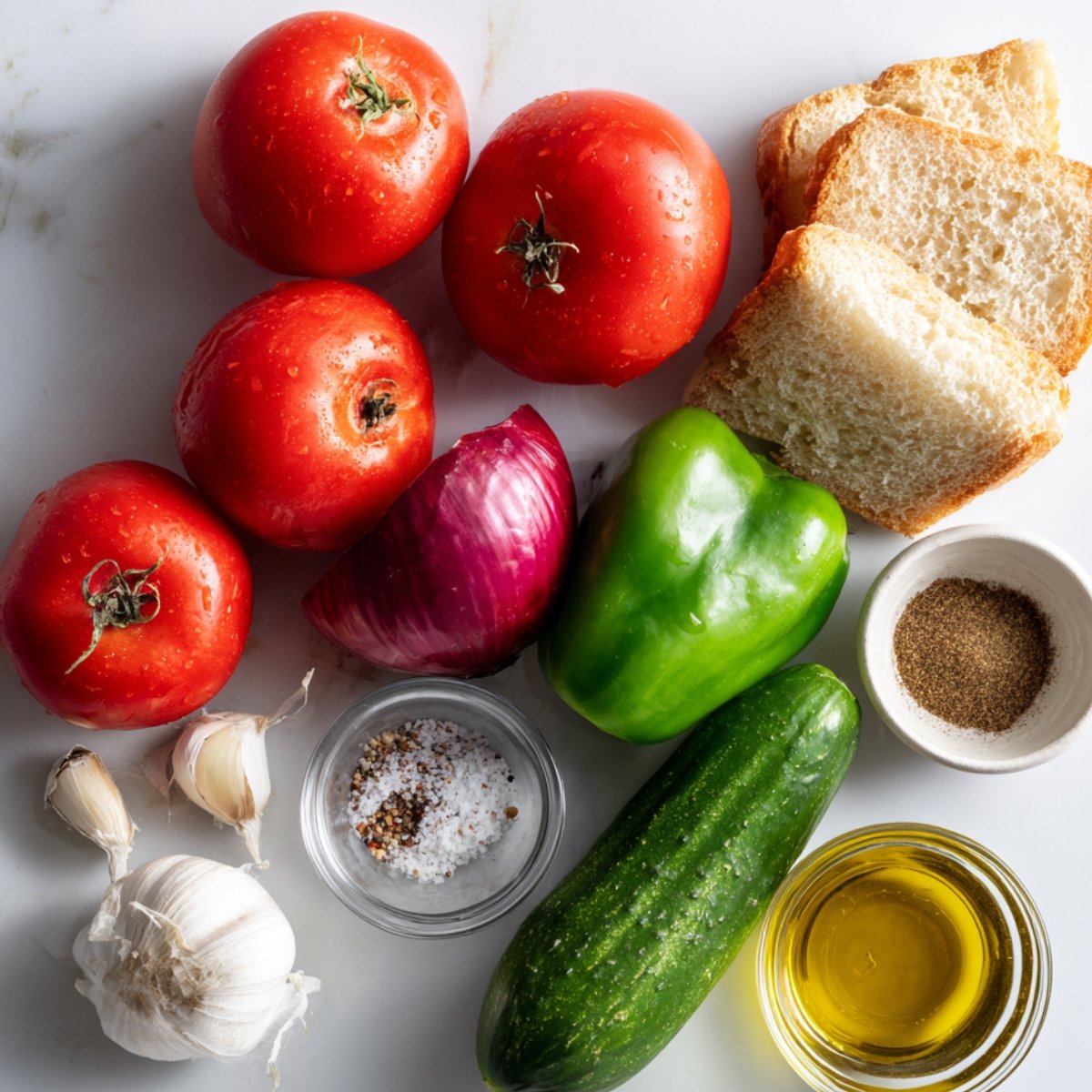 "Gazpacho ingredients laid out: ripe tomatoes, cucumber, green bell pepper, red onion, garlic cloves, day-old bread, olive oil, and seasonings."