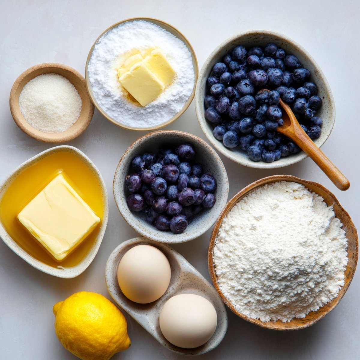 Bowls of fresh blueberries, flour, sugar, butter, and eggs arranged neatly on a table.