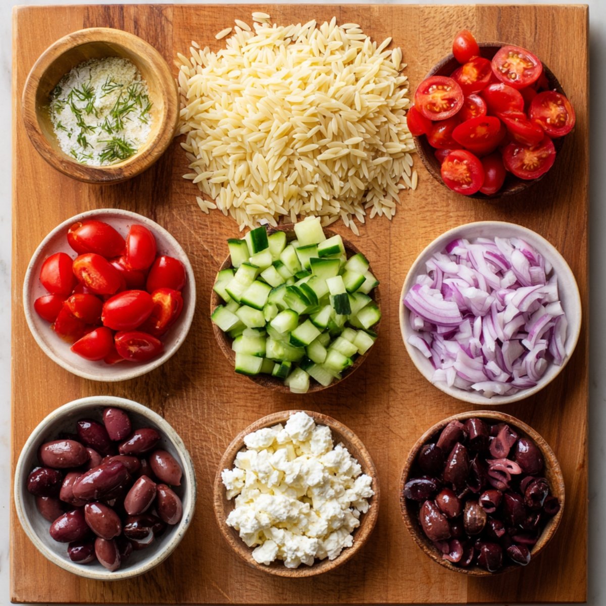 Assorted Greek salad ingredients in small bowls: cooked orzo pasta, halved cherry tomatoes, diced cucumber, sliced red onion, Kalamata olives, and crumbled feta cheese with a bowl of lemon-herb dressing.