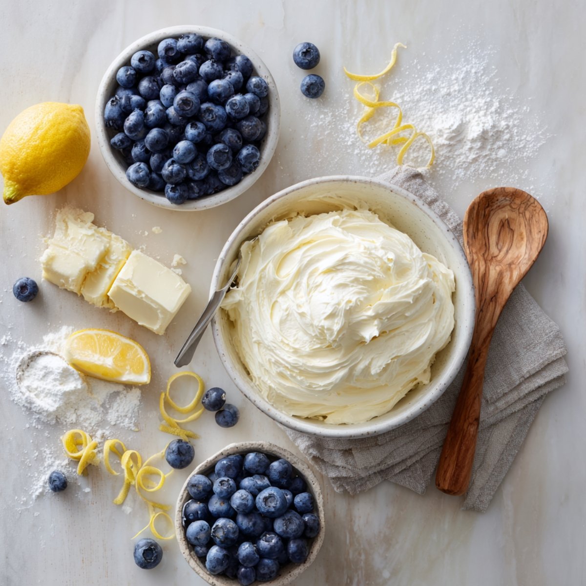 A bowl of fluffy lemon frosting surrounded by blueberries, lemon zest, and butter cubes.