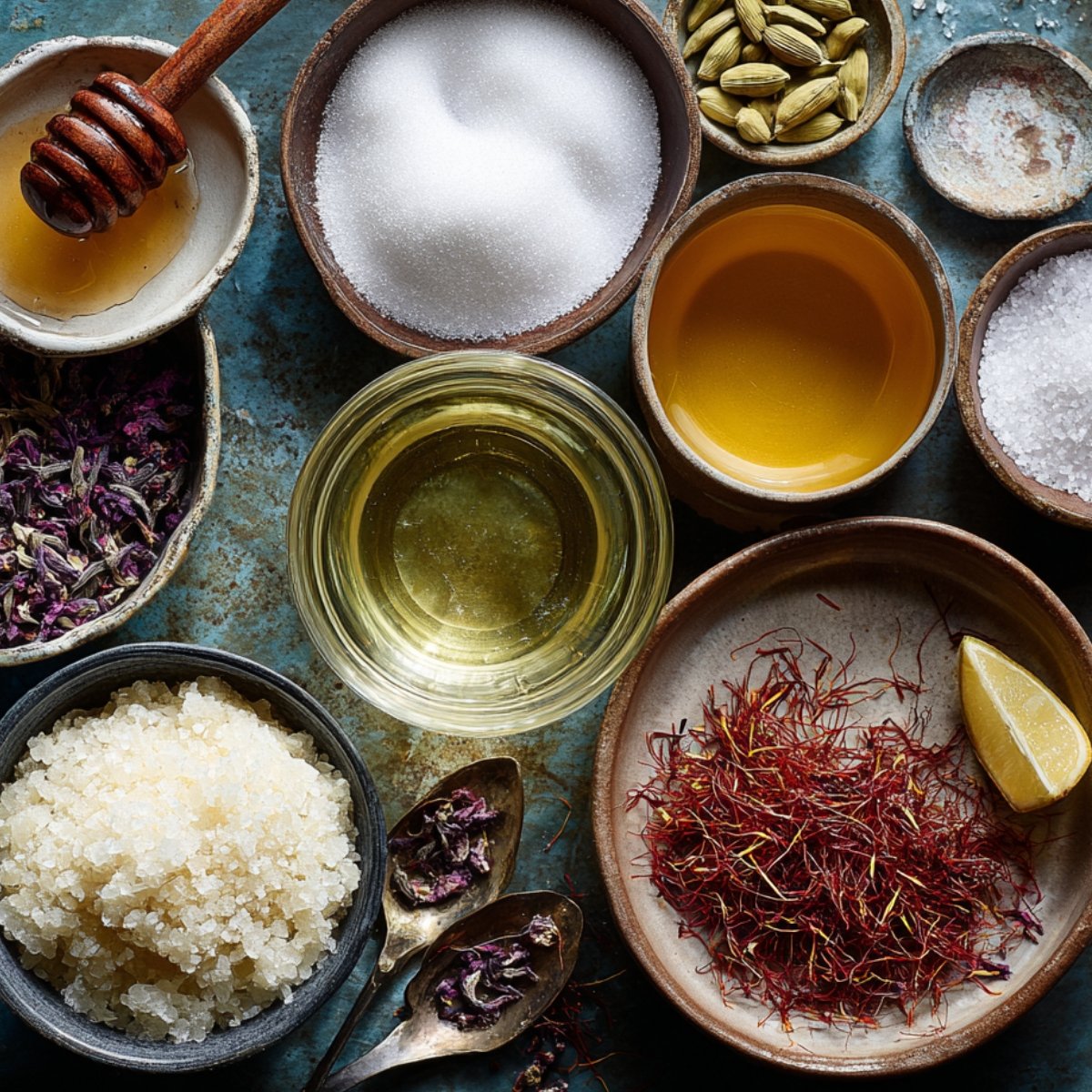 Ingredients in small bowls including saffron threads, cardamom pods, sugar, honey, rose petals, lemon, and liquid syrup.