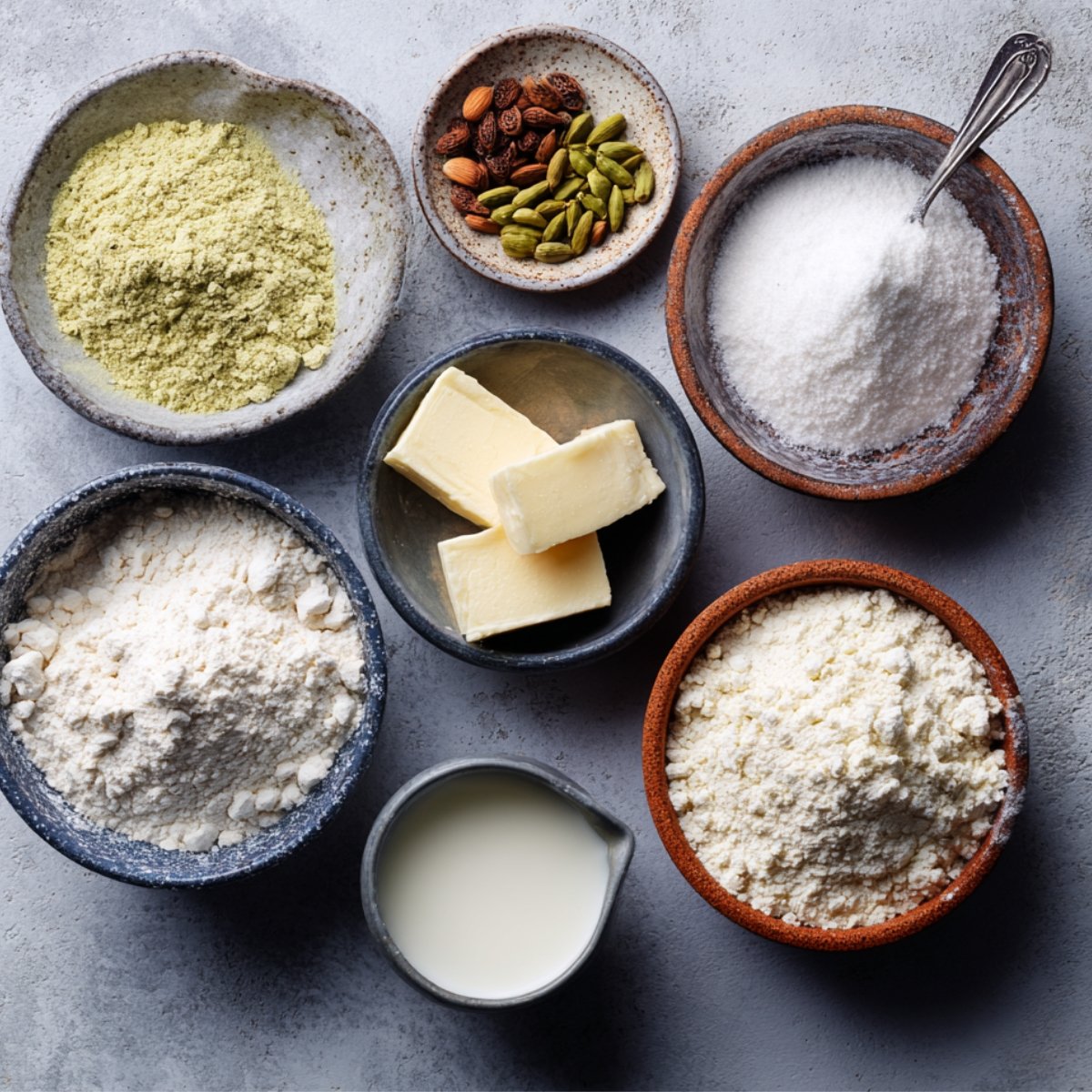 Ingredients such as flour, milk powder, butter, sugar, milk, almonds, raisins, and cardamom arranged in small bowls.