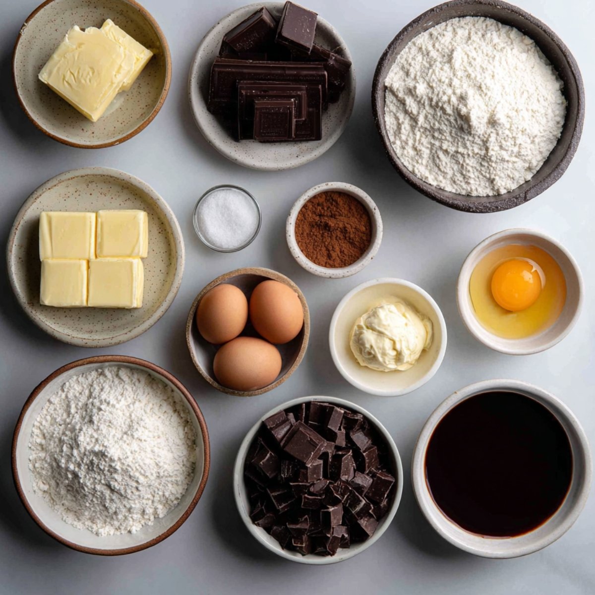 Overhead view of various baking ingredients, including butter, eggs, flour, cocoa powder, chocolate chunks, sugar, and vanilla extract, neatly arranged in small bowls.