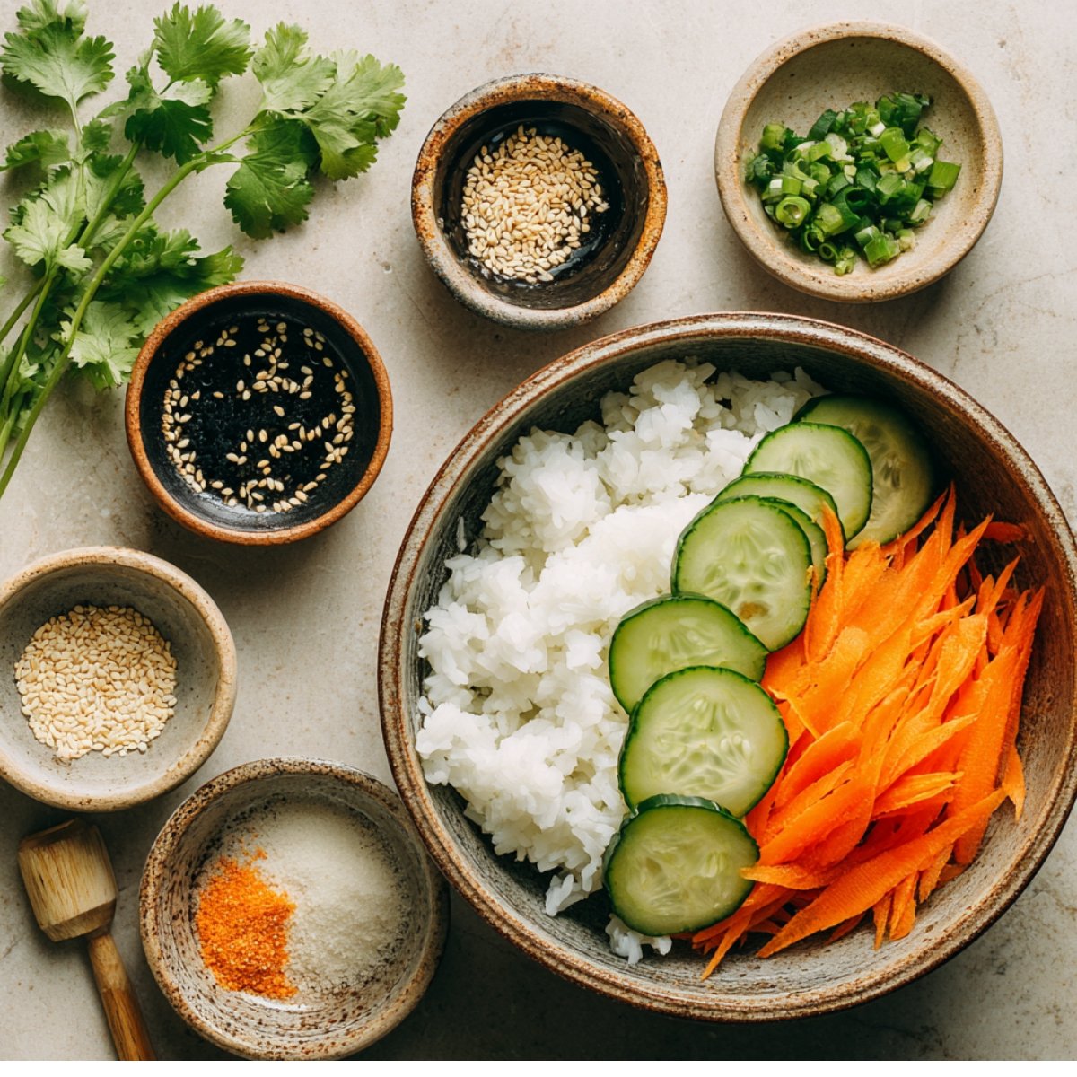 Bowl of rice with cucumber slices, shredded carrots, sesame seeds, and fresh herbs.