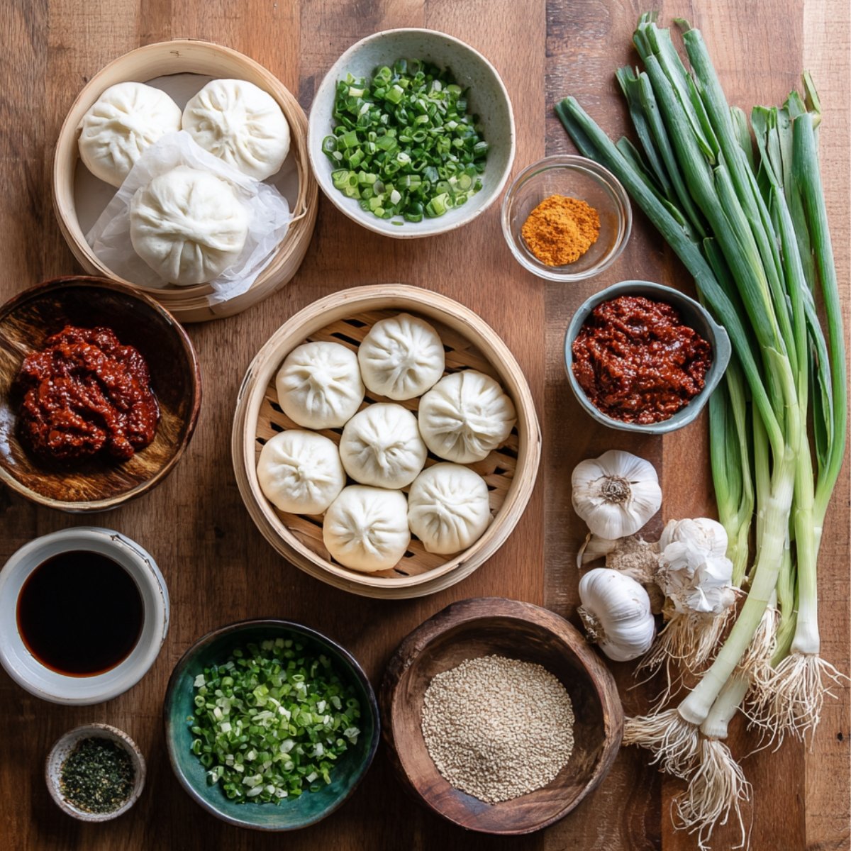 Ingredients for Korean chicken bao buns including bao, scallions, garlic, gochujang, soy sauce, and sesame seeds.