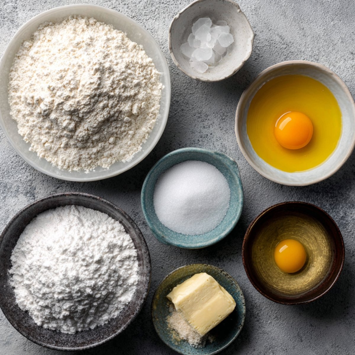 "Baking ingredients for lemon tart laid out in bowls: flour, sugar, butter, salt, and eggs."