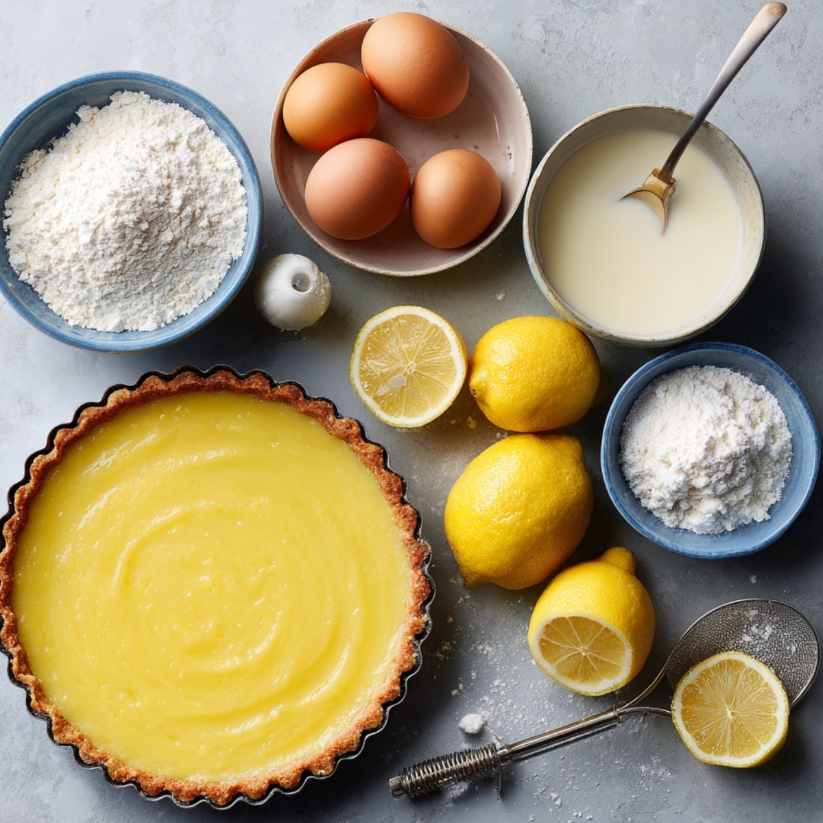 "Flat lay of lemon tart ingredients including eggs, lemons, flour, sugar, and cream alongside a partially filled tart shell."
