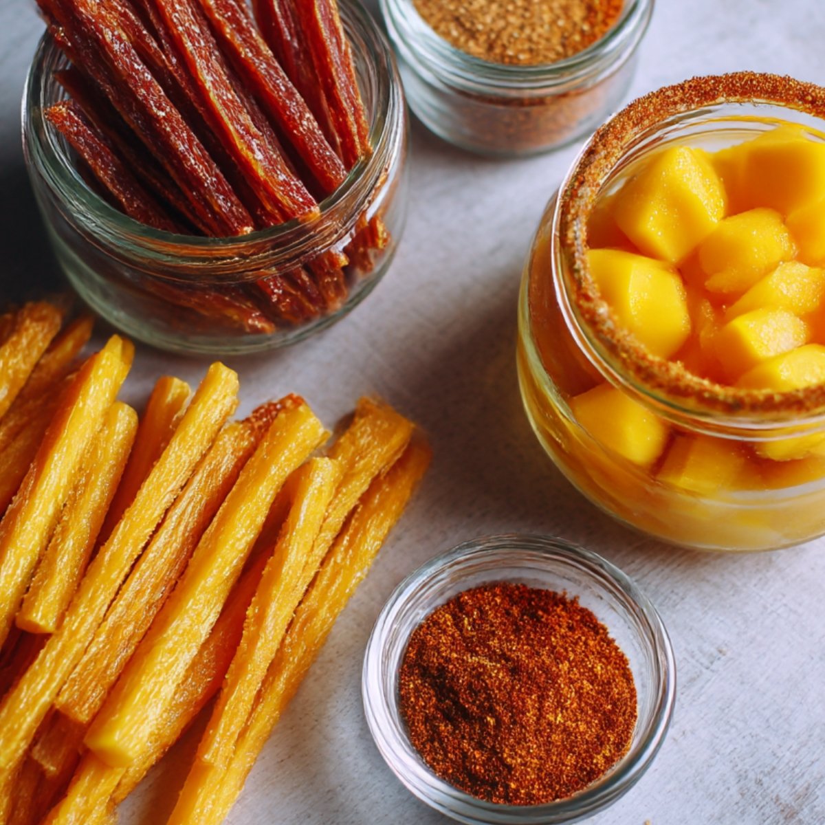 Tamarind candy straws, chili powder seasoning, and a glass rimmed with Tajín, filled with mango chunks.