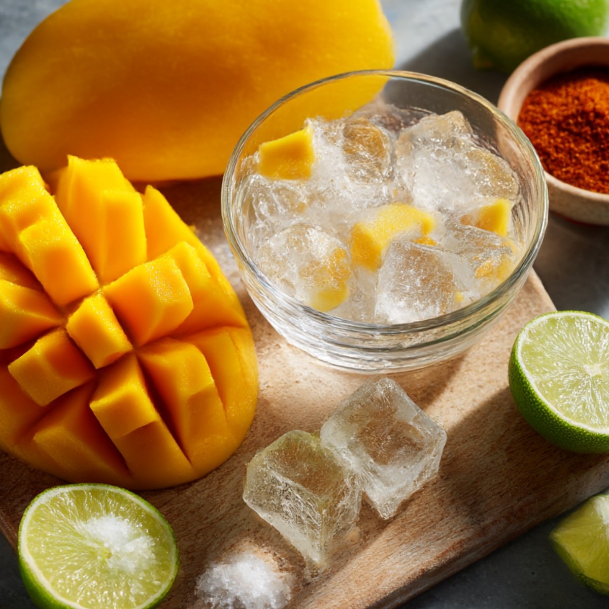Fresh mango, cut mango cubes, ice cubes, lime halves, salt, and chili seasoning displayed on a wooden cutting board.