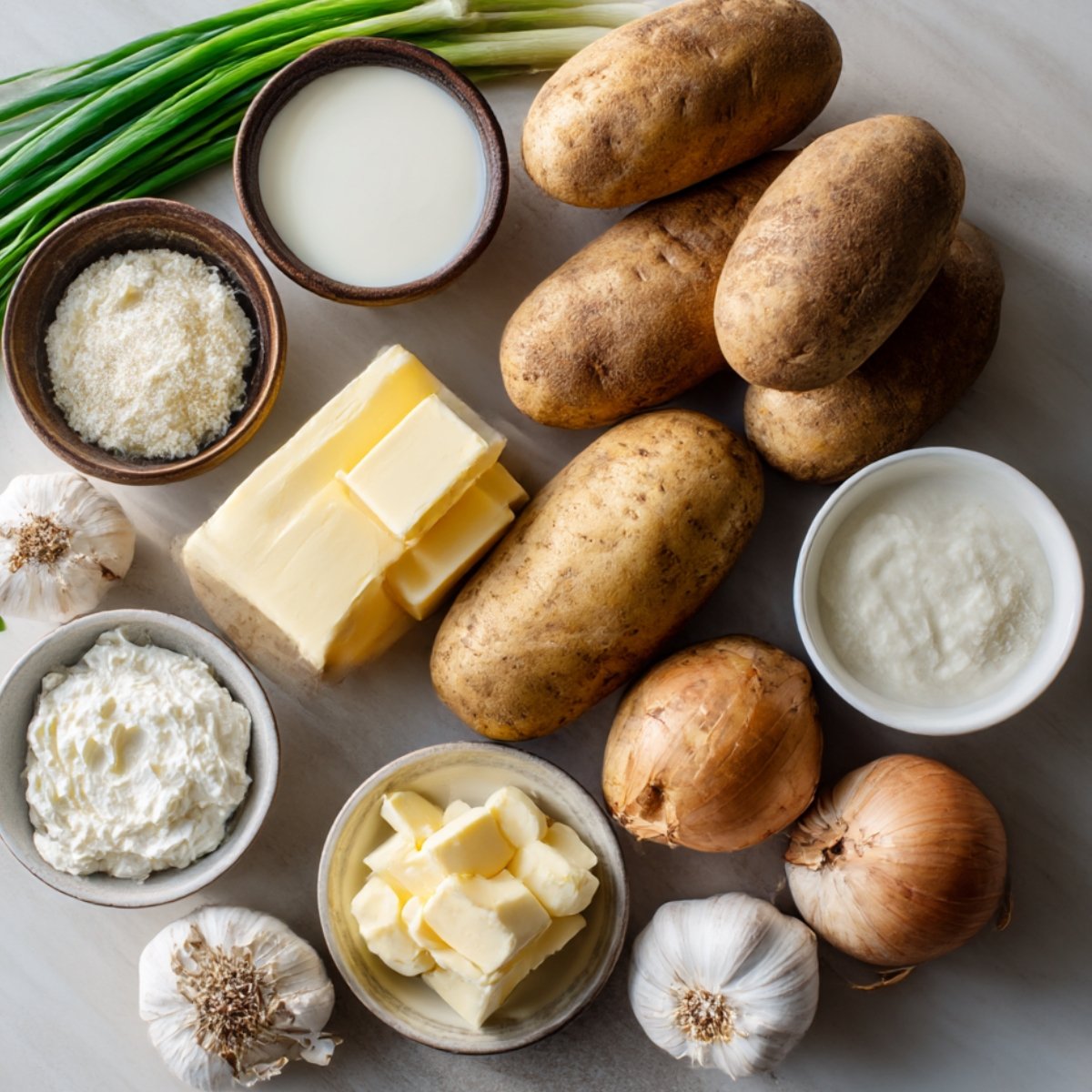 Ingredients for mashed potatoes, including butter, potatoes, milk, sour cream, garlic, green onions, and parmesan cheese on a flat surface.