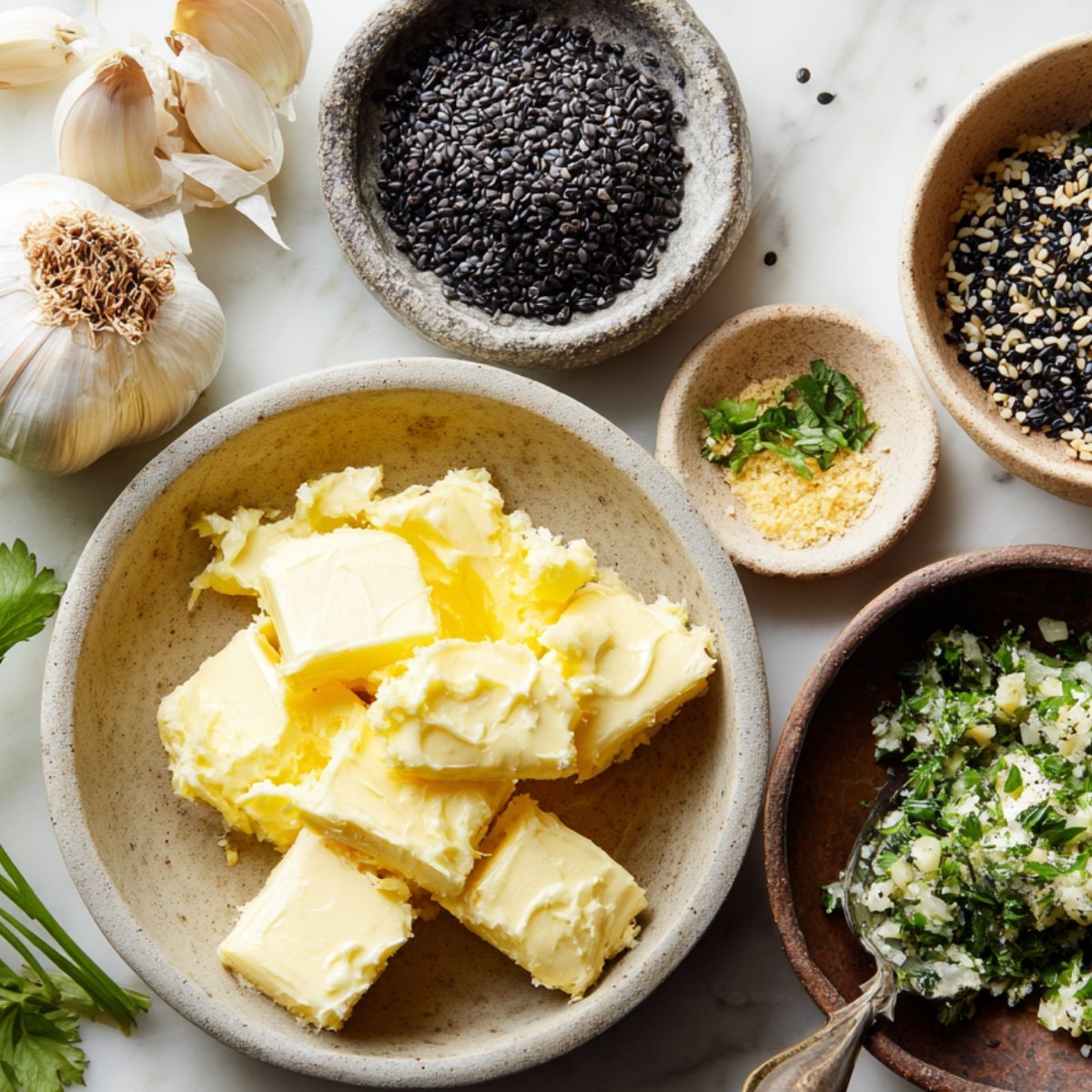 A spread of naan flavoring ingredients: fresh garlic, black sesame seeds, butter cubes, and a bowl of chopped herbs mixed with garlic.