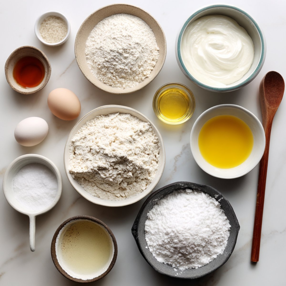 Overhead view of naan bread ingredients: flour, yogurt, eggs, oil, salt, sugar, and baking powder in small bowls on a white surface.