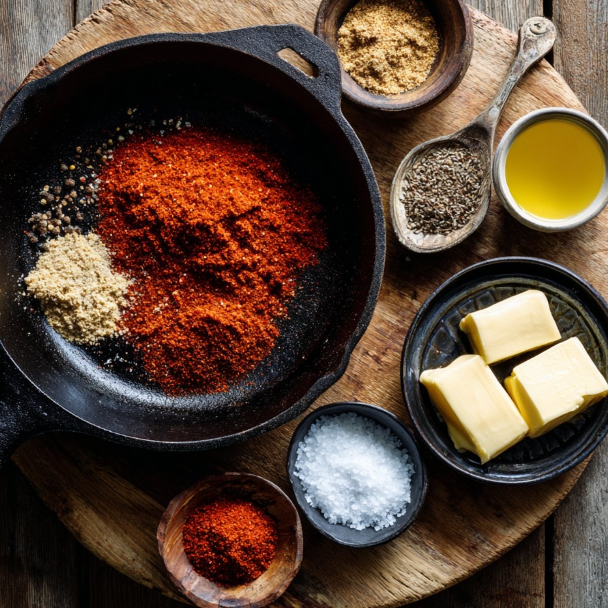 Various spices and seasonings for making Nashville hot sauce arranged on a rustic wooden surface, including paprika, chili powder, salt, black pepper, and butter in a cast iron skillet.