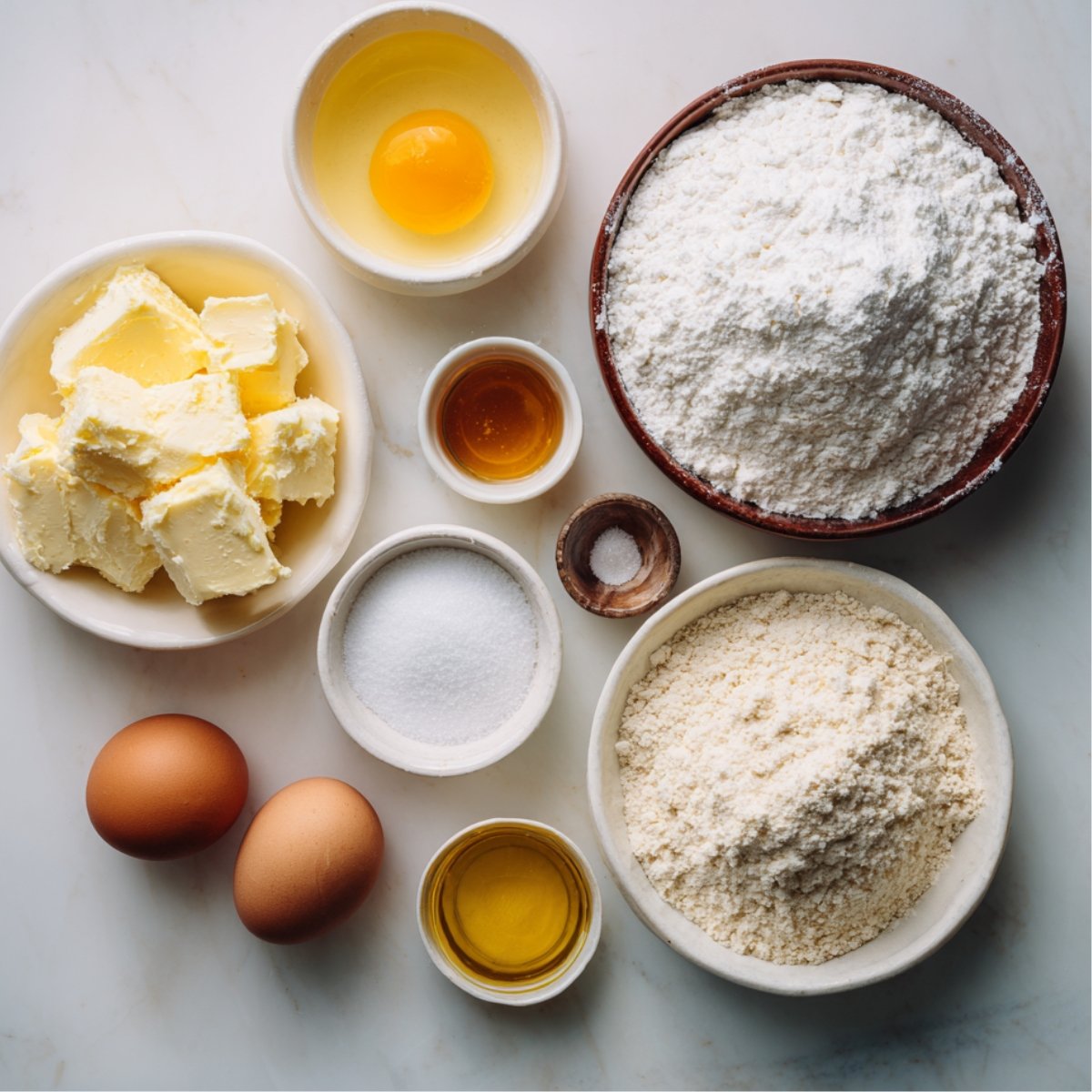 Ingredients for breading and battering, including flour, eggs, butter, sugar, salt, oil, and breadcrumbs arranged neatly on a white surface.