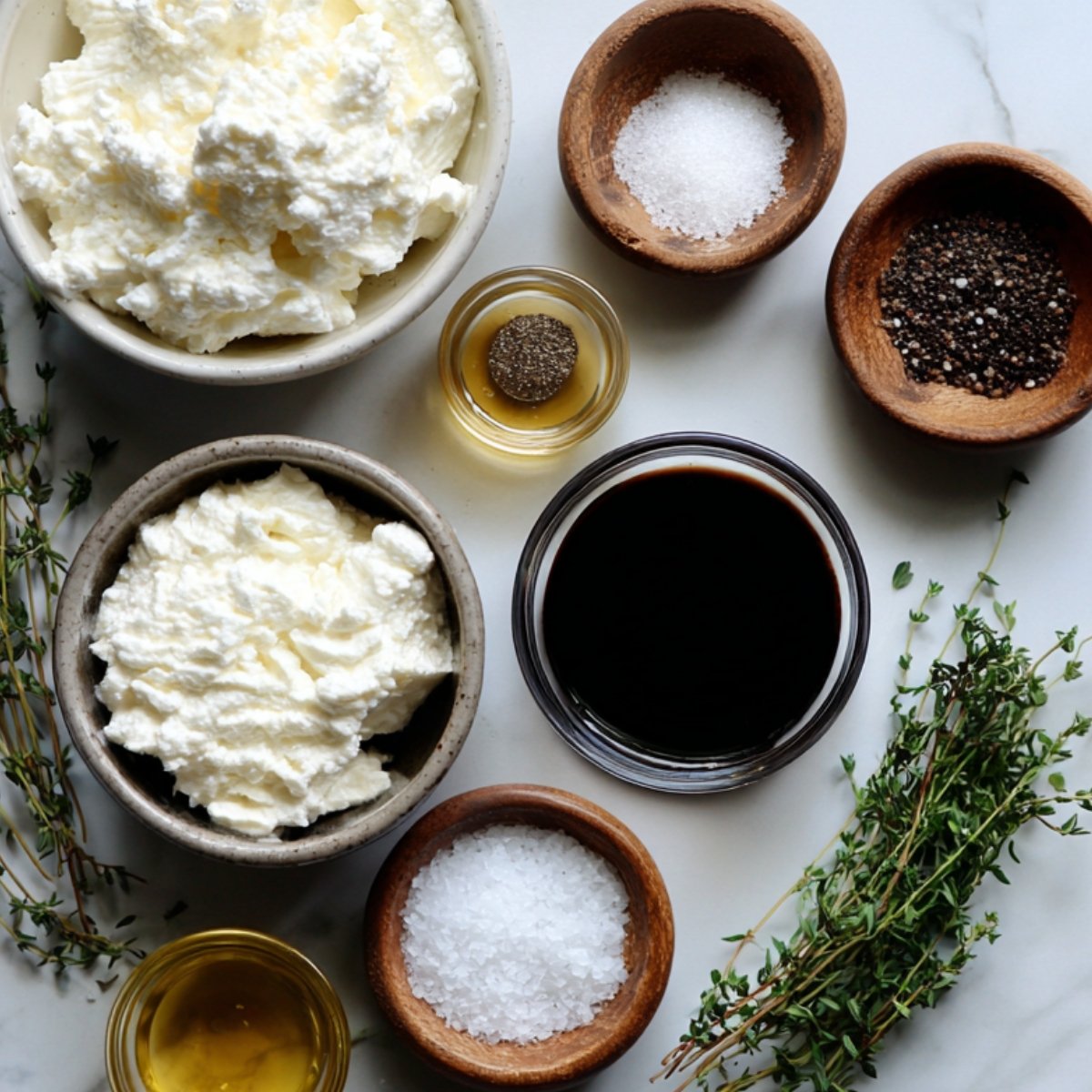 Small bowls of goat cheese, ricotta, sea salt, black pepper, olive oil, balsamic glaze, and fresh thyme on a marble surface.