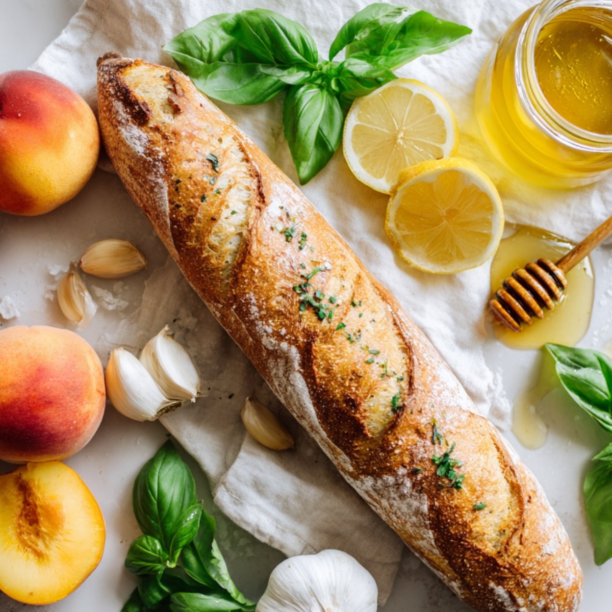Overhead view of fresh peaches, a crusty baguette, garlic, lemon slices, basil leaves, and a jar of honey on a white cloth.