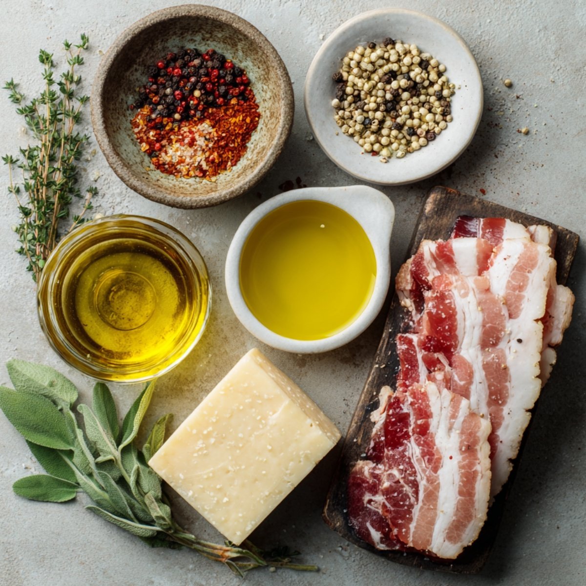Fresh ingredients laid out: pancetta slices, Parmesan cheese, olive oil, assorted spices, and fresh herbs.