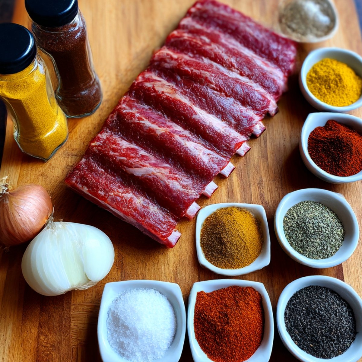 Fresh rack of raw pork ribs on a wooden board, surrounded by small bowls of spices like paprika, cumin, and black pepper, plus onions and salt.