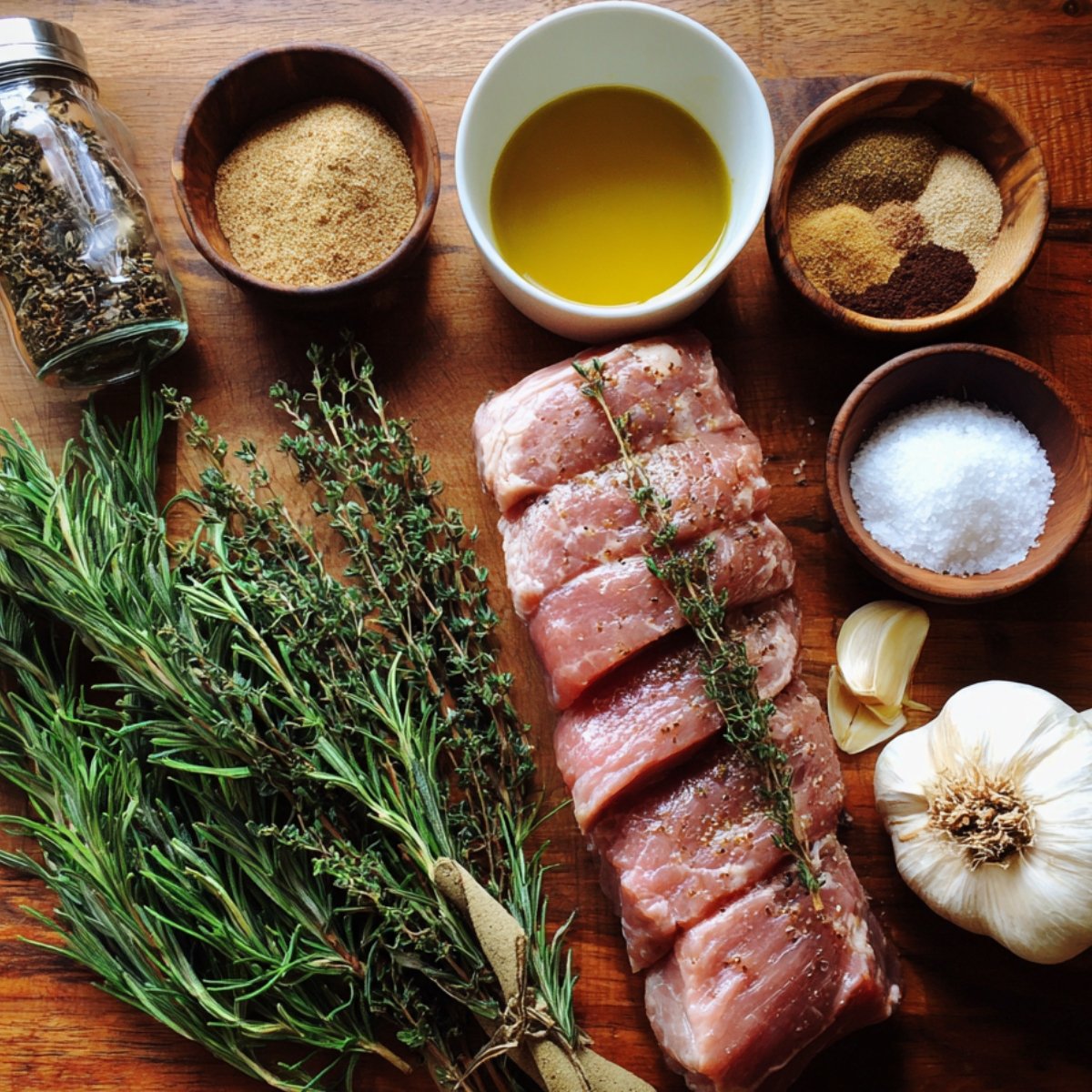 Fresh herbs, garlic, olive oil, spices, and raw pork tenderloin pieces arranged on a wooden surface, ready for seasoning.