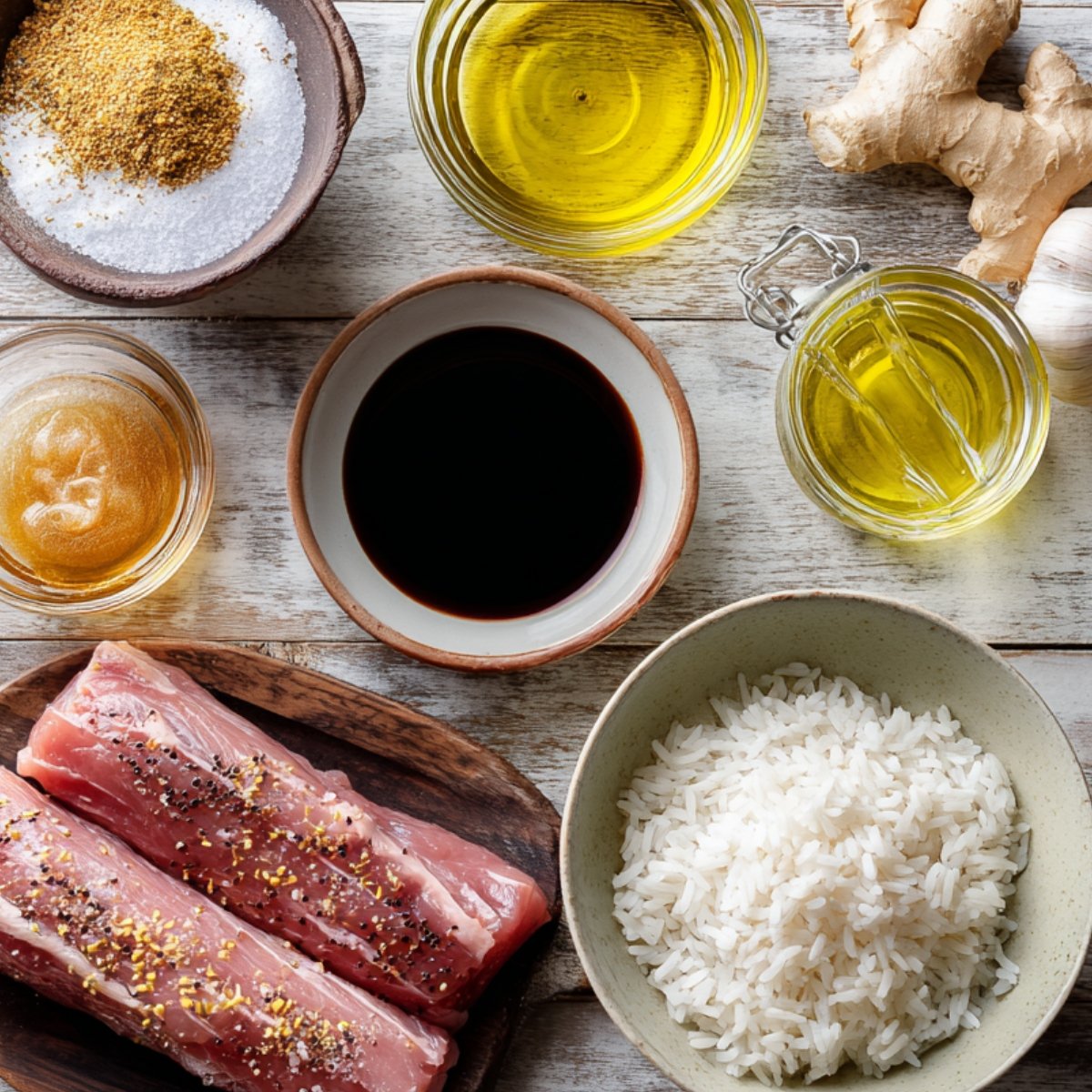 Ingredients for pork tenderloin including raw pork pieces, soy sauce, honey, garlic, ginger, spices, olive oil, and a bowl of cooked white rice.