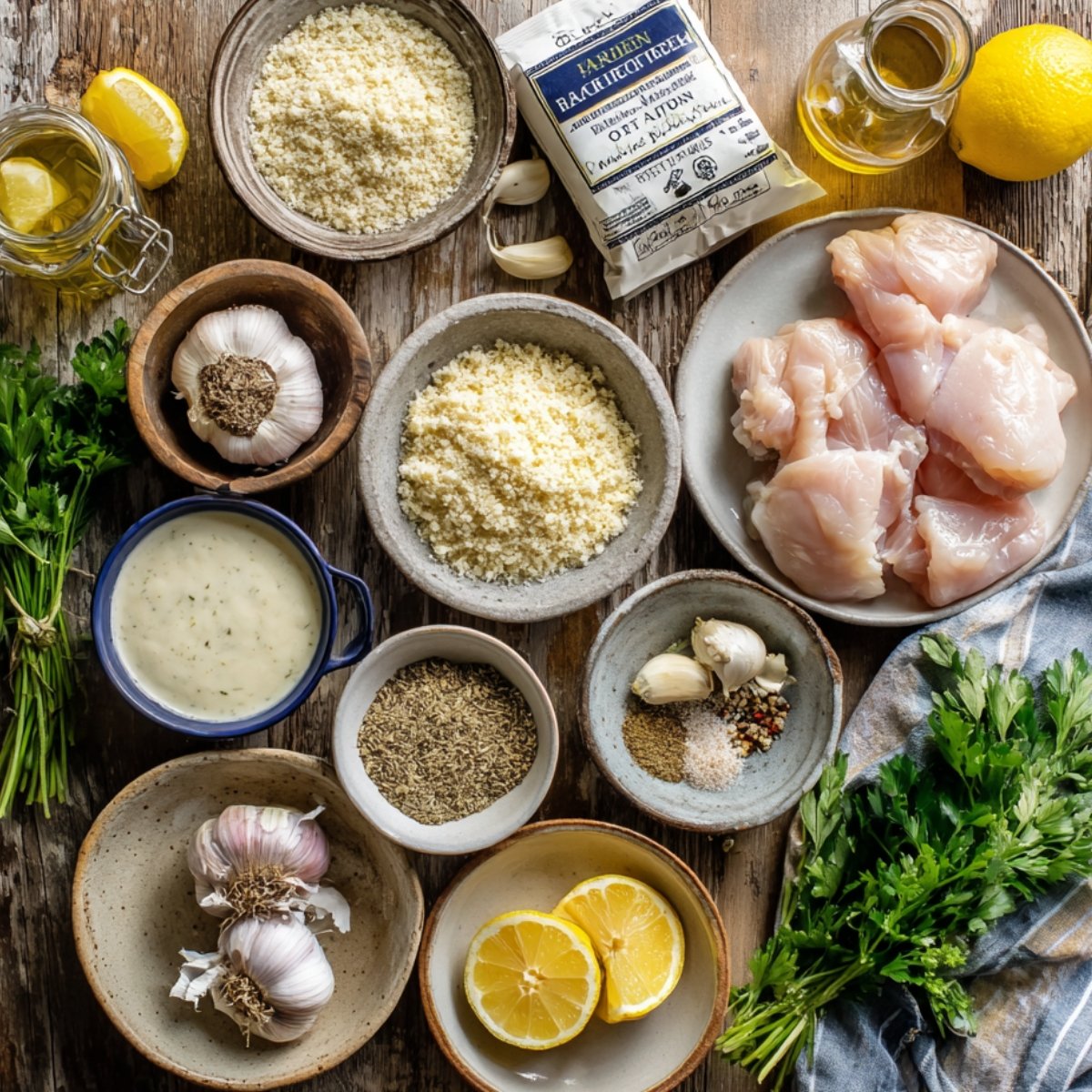 Overhead shot of fresh ingredients for Ranch Garlic Parmesan Chicken Skewers including chicken breasts, garlic, lemons, parmesan, olive oil, herbs, and spices arranged on a rustic wooden surface.