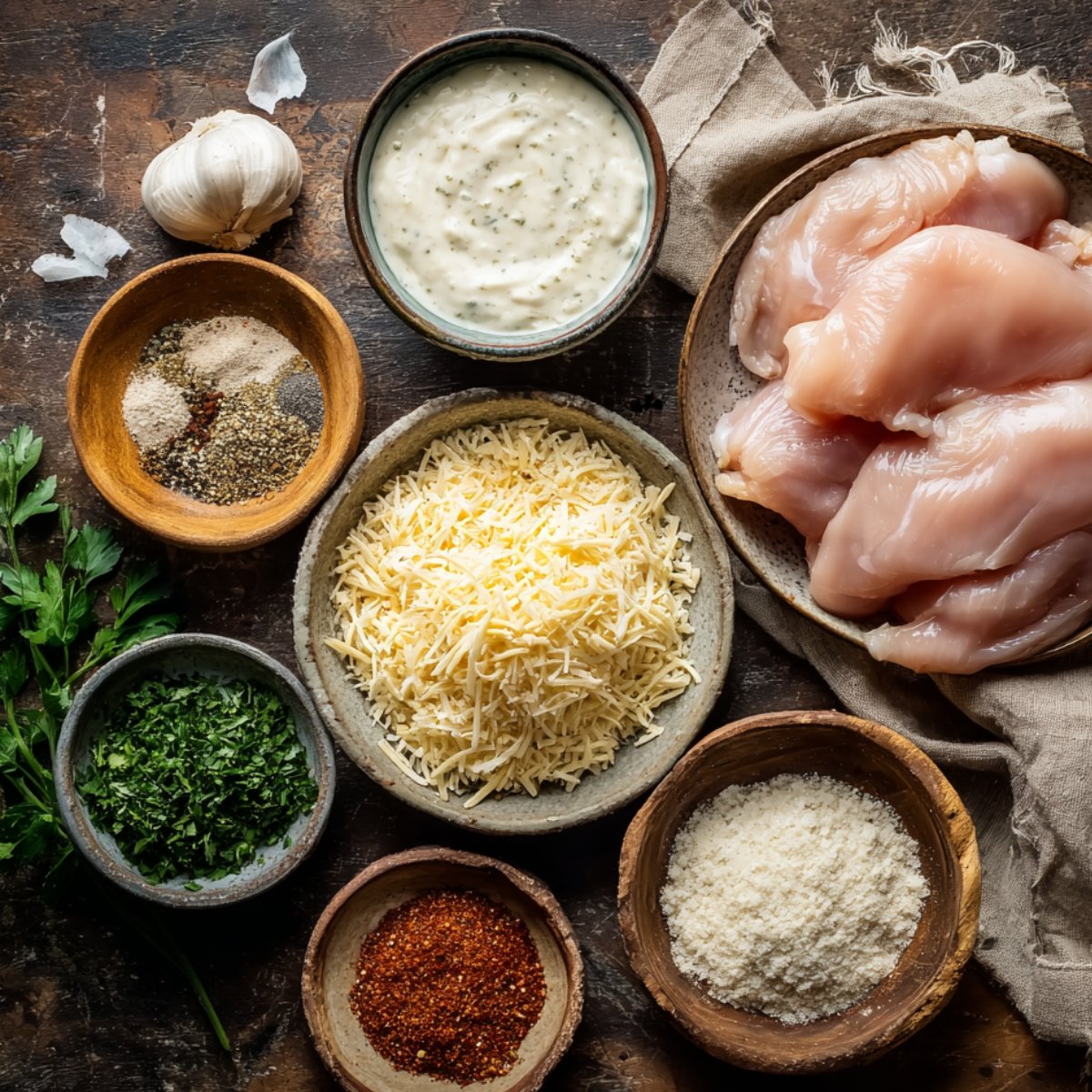 Flat lay of ingredients including chicken breast, shredded cheese, grated parmesan, ranch dressing, garlic, and fresh herbs, all placed on a dark rustic background.