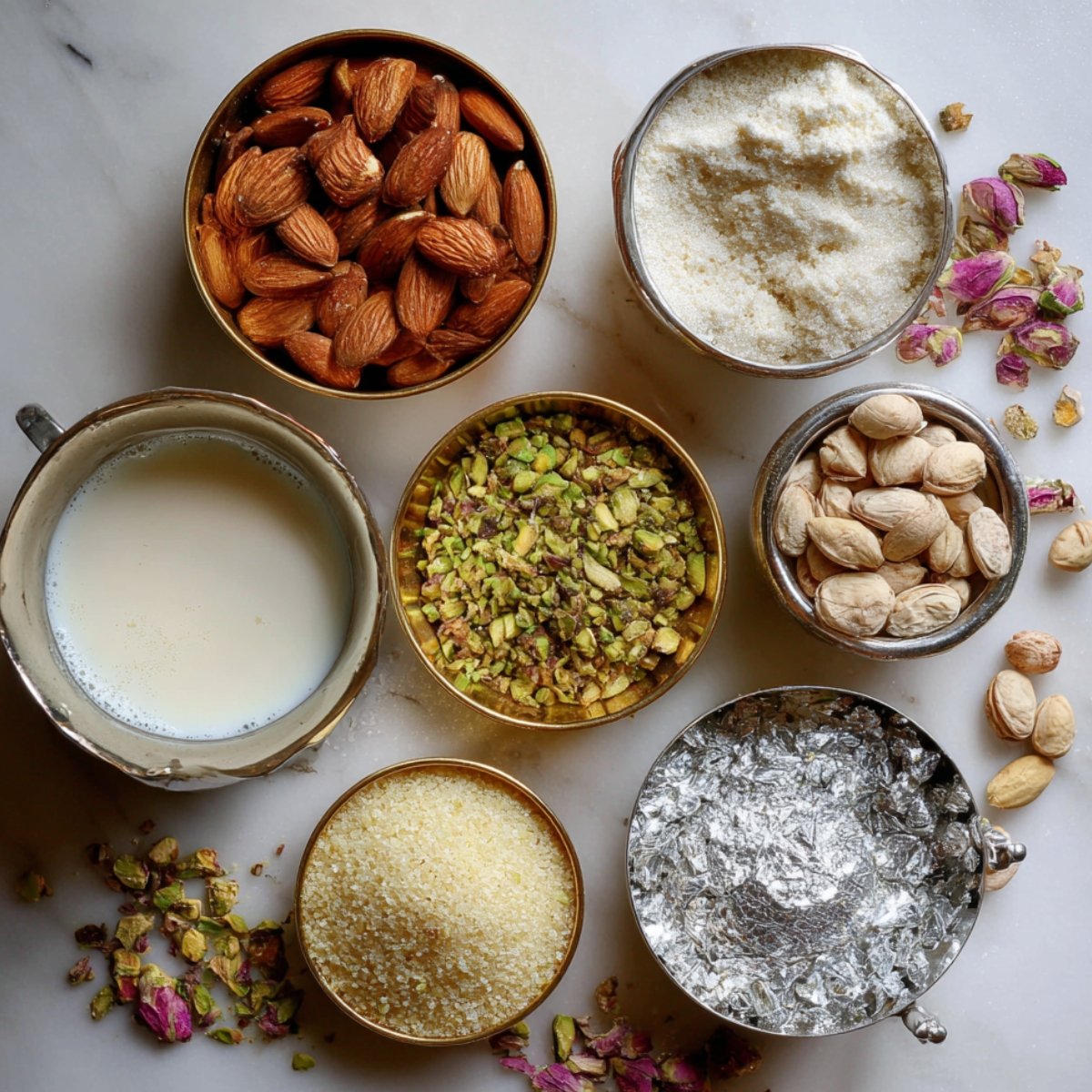An assortment of ingredients for Shahi Tukda — almonds, pistachios, cashews, sugar, milk, saffron, and edible silver leaf displayed in small bowls.