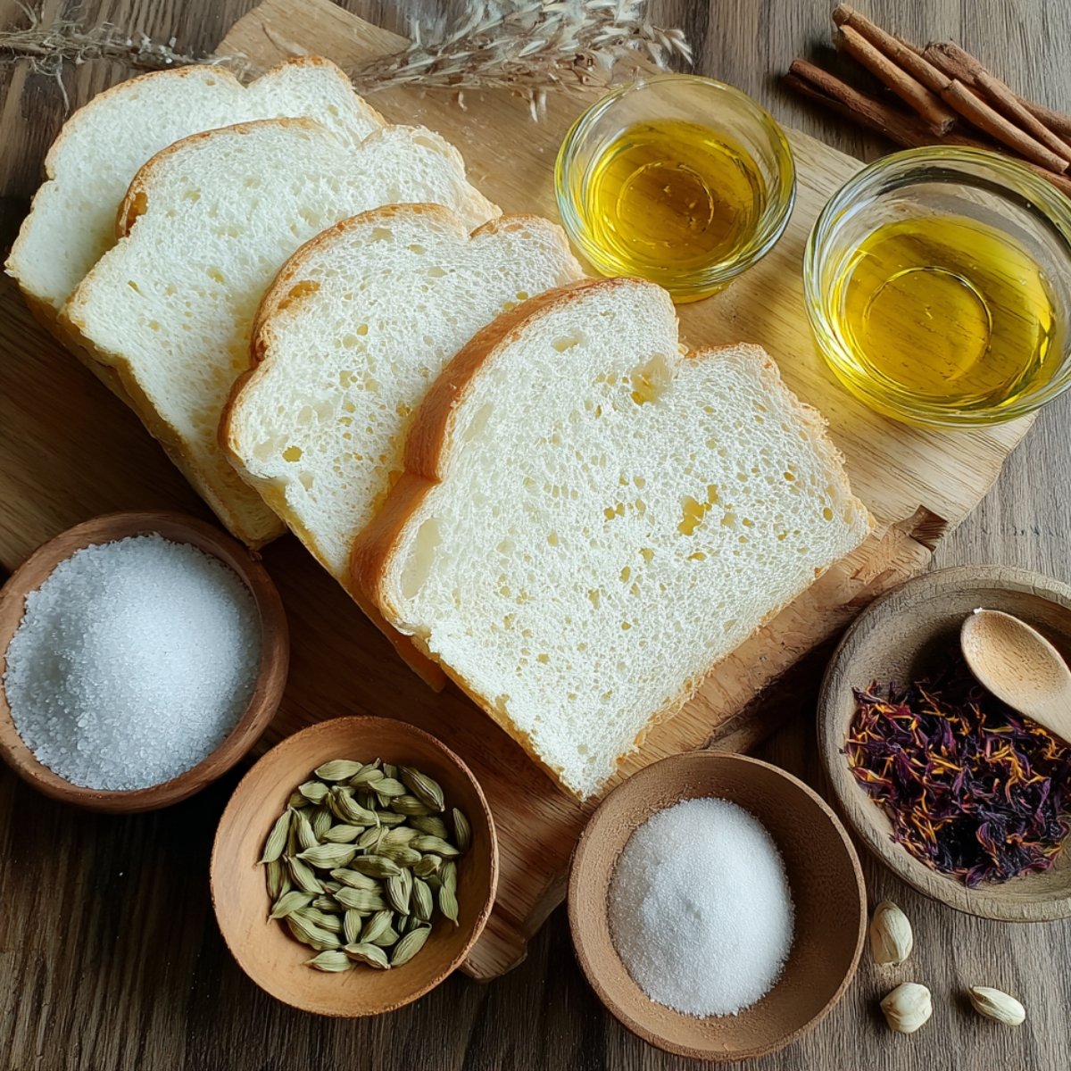 Slices of bread with small bowls of sugar, cardamom pods, saffron, cinnamon sticks, and two glasses of ghee/oil arranged on a wooden board.